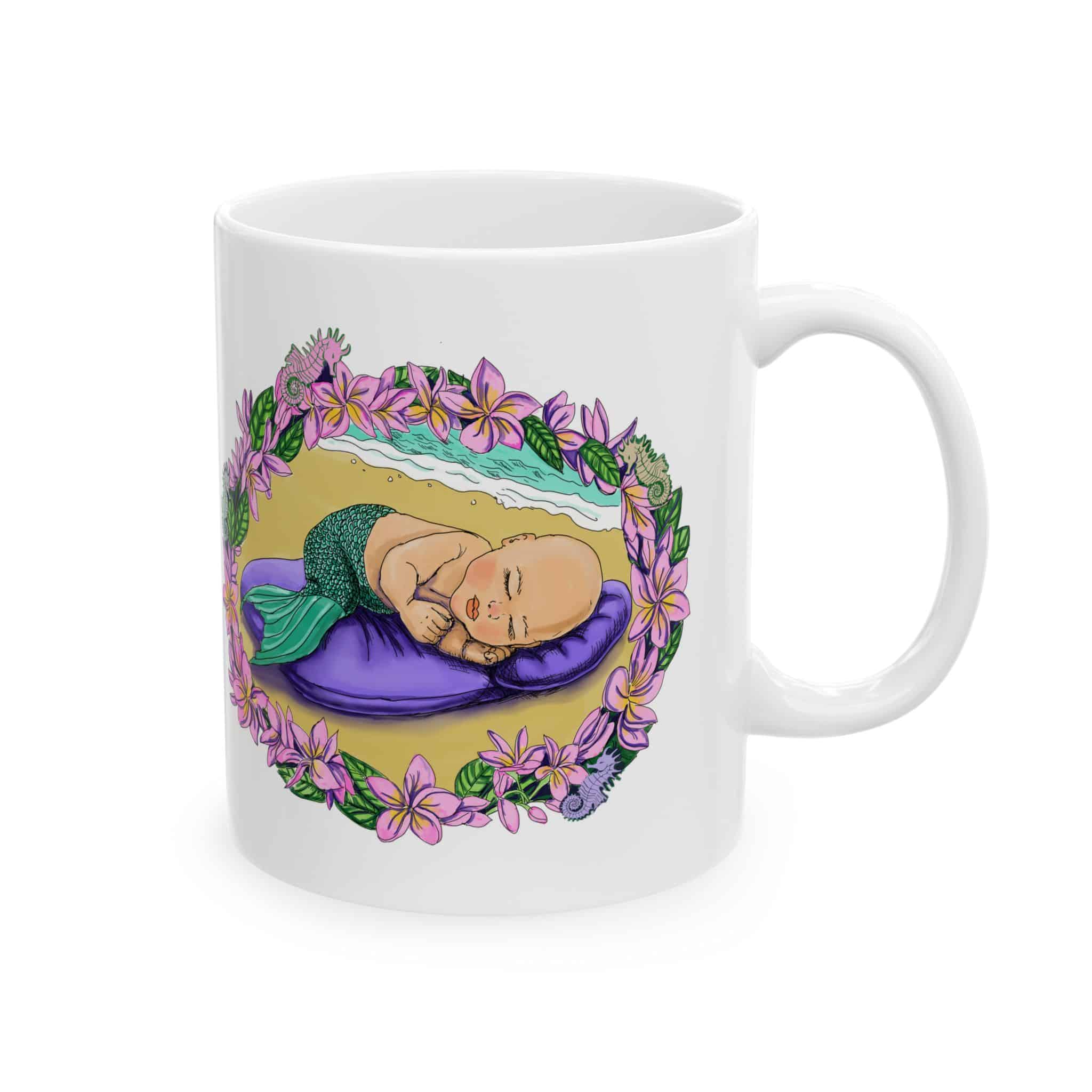 Mermaid Infant Ceramic Mug — Cute Sleeping Baby Mermaid in Floral Wreath (11oz & 15oz) - Image 2