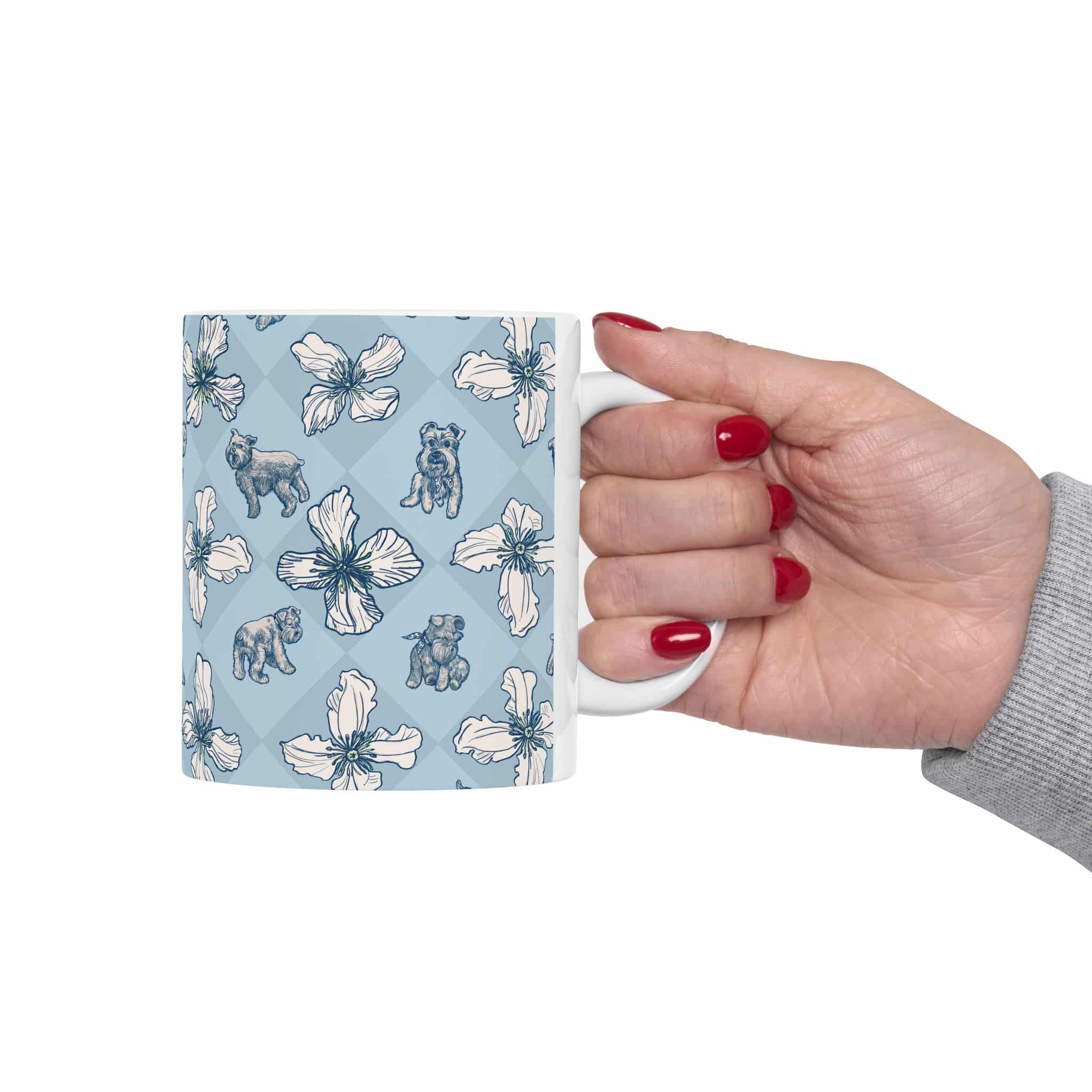 Blue Floral Pug Ceramic Mug — Cute Schnauzer Dog Pattern Coffee Cup (11oz, 15oz) - Image 3