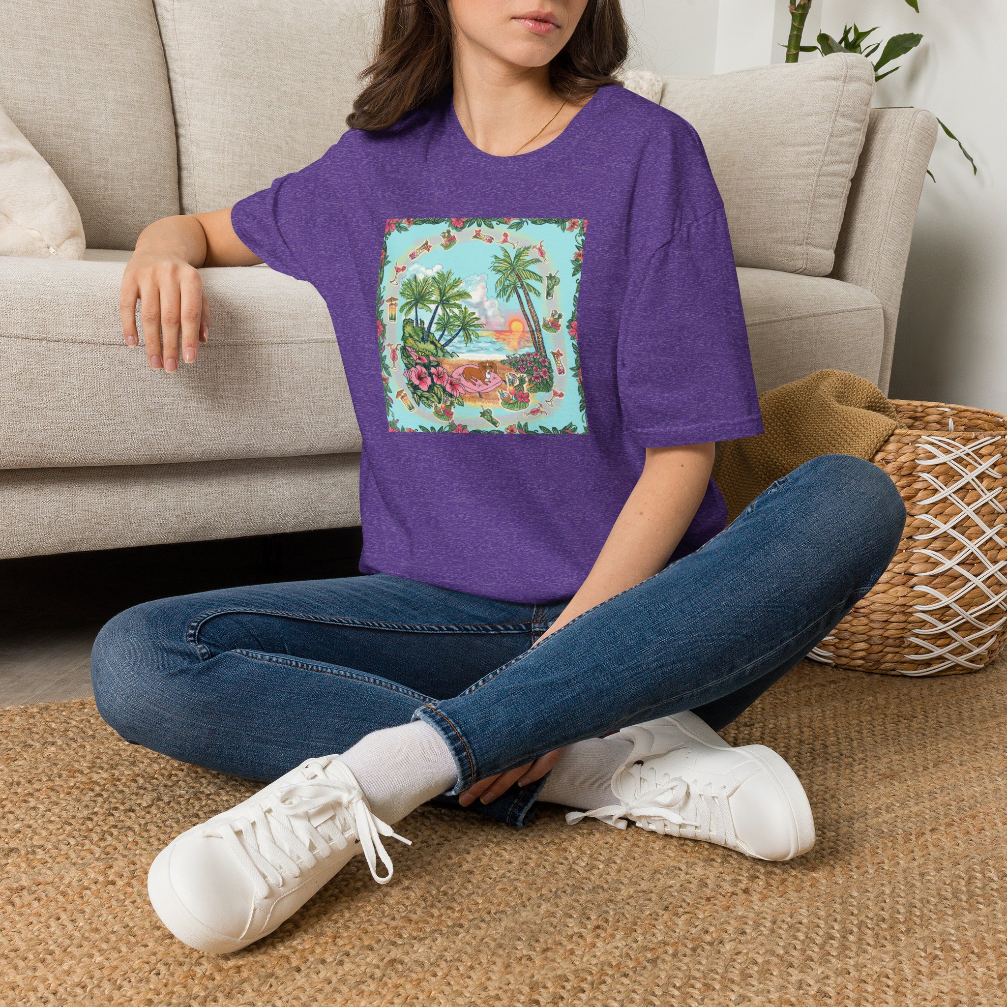 Dachshund on a Tropical Sunset Beach T-Shirt — Vintage Beach Floral Graphic - Image 11