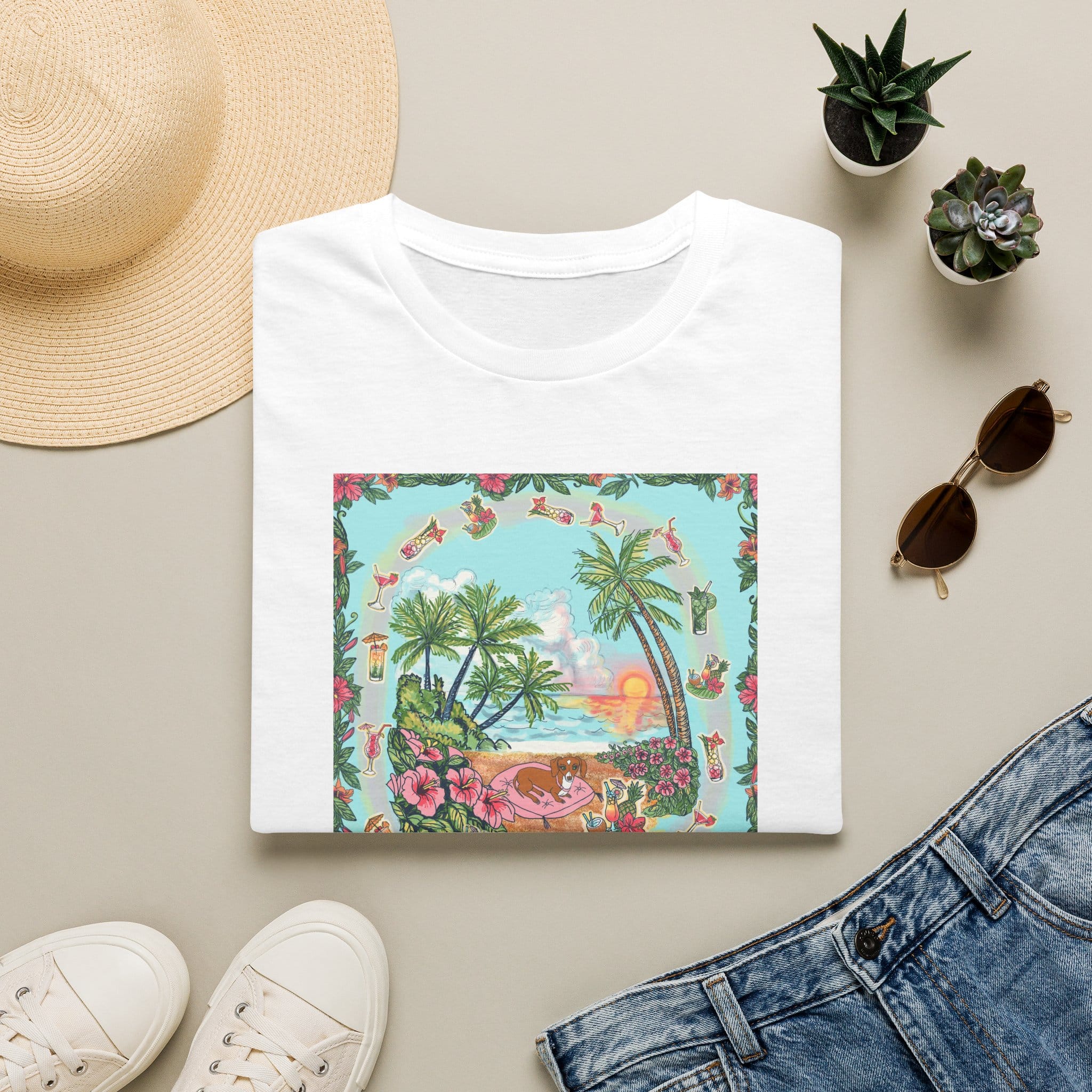 Dachshund on a Tropical Sunset Beach T-Shirt — Vintage Beach Floral Graphic - Image 13