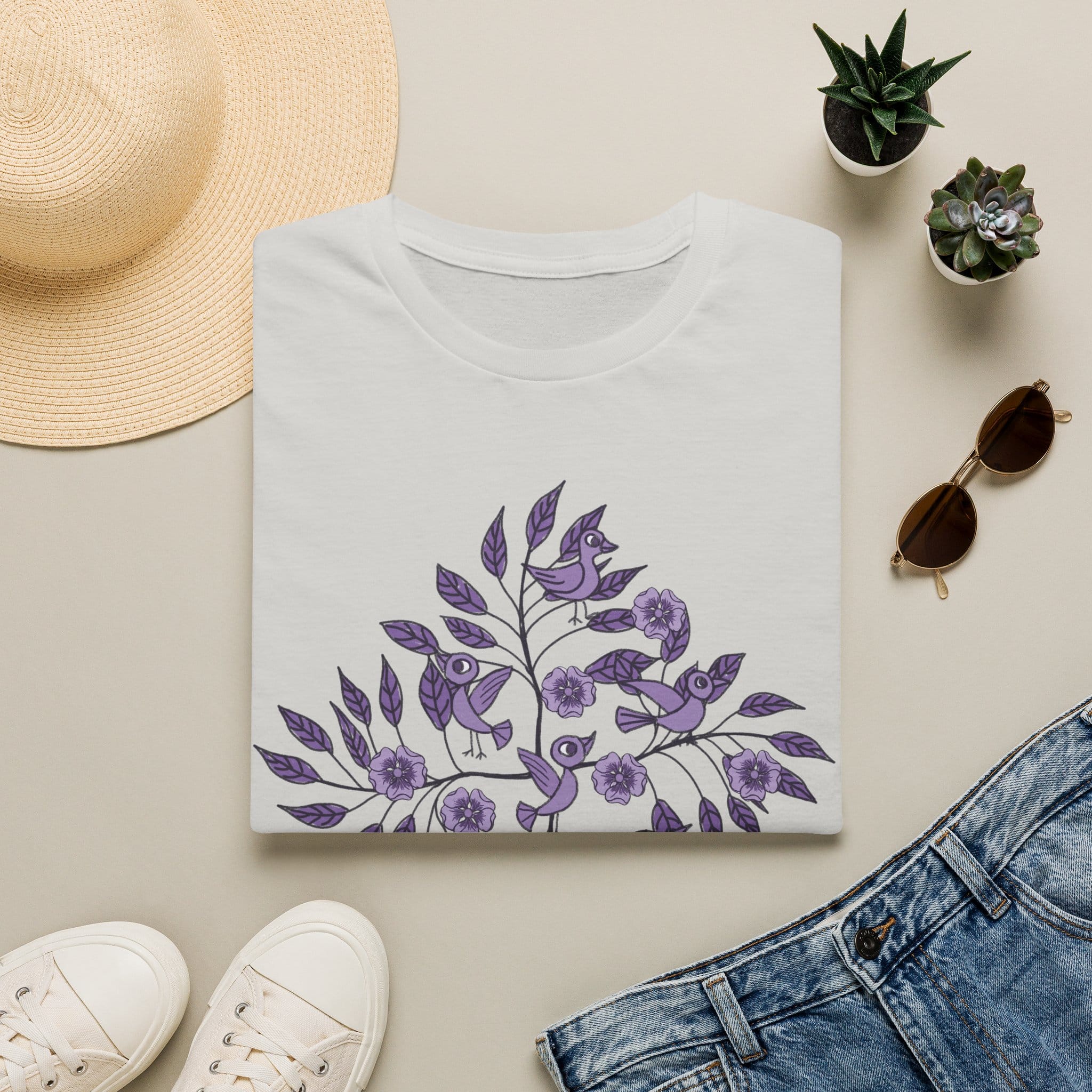 Floral Bird Tee — Purple Botanical Branch Graphic T-Shirt - Image 2