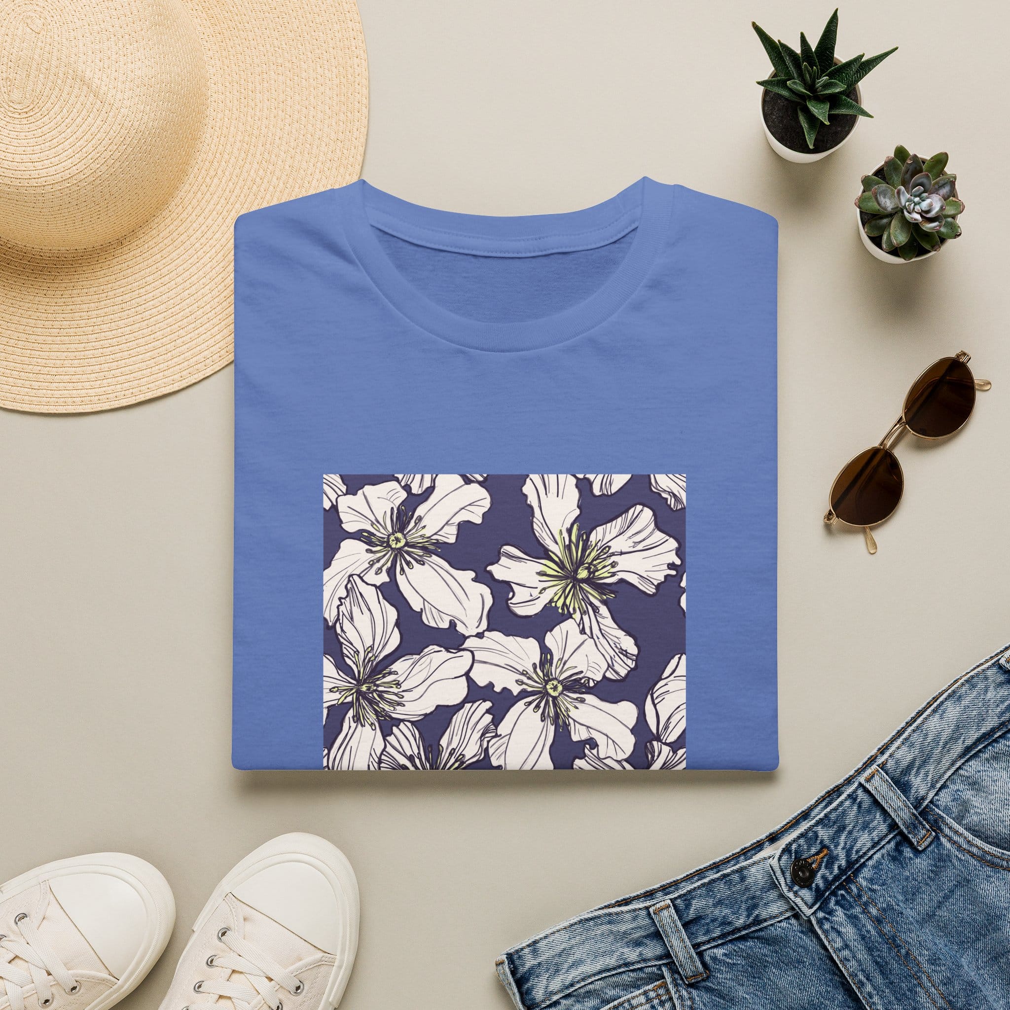 Floral Square Tee — White Clematis Print T-Shirt - Image 19
