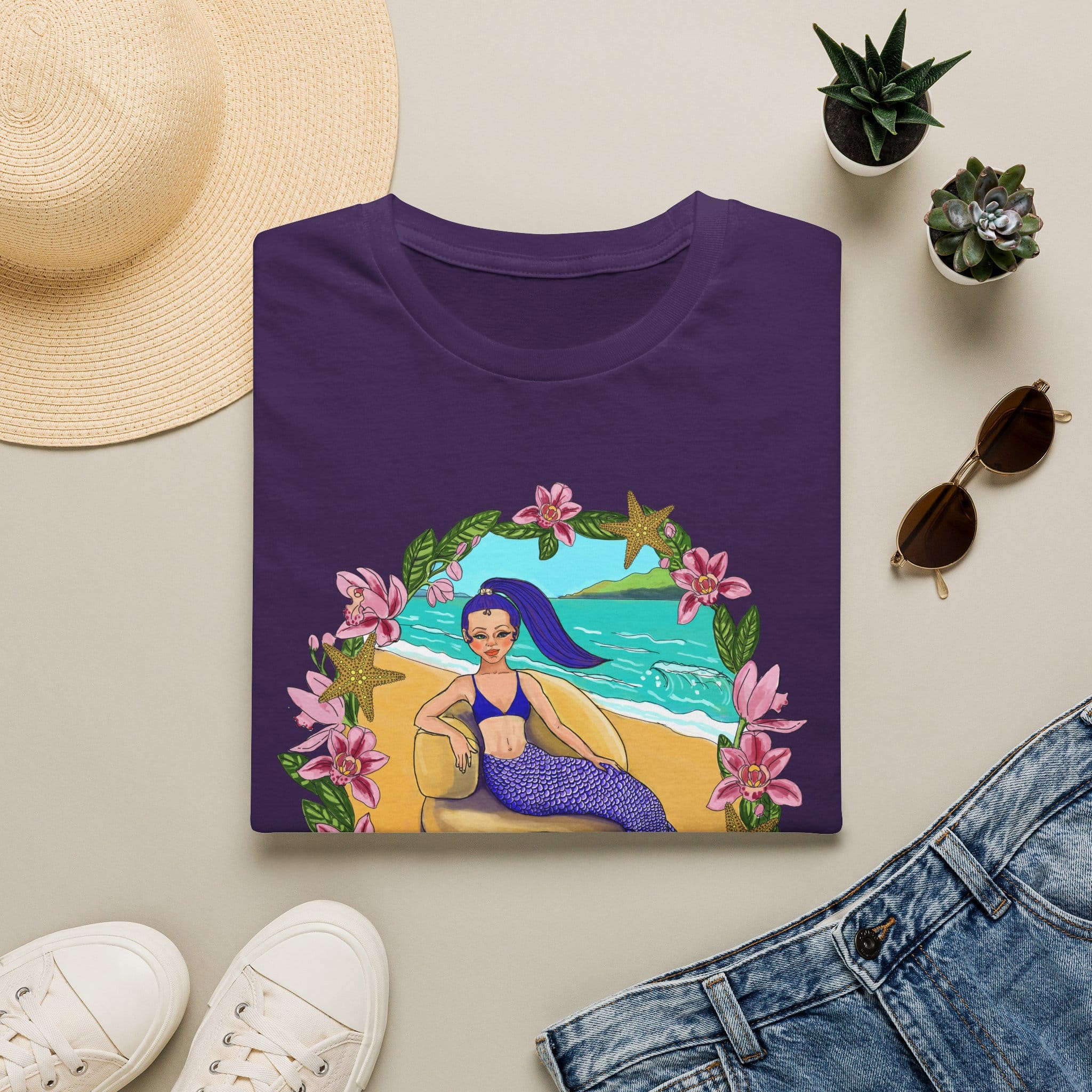 Blue-Haired Mermaid Beach Vibes T-Shirt — Tropical Floral Ocean Graphic - Image 7