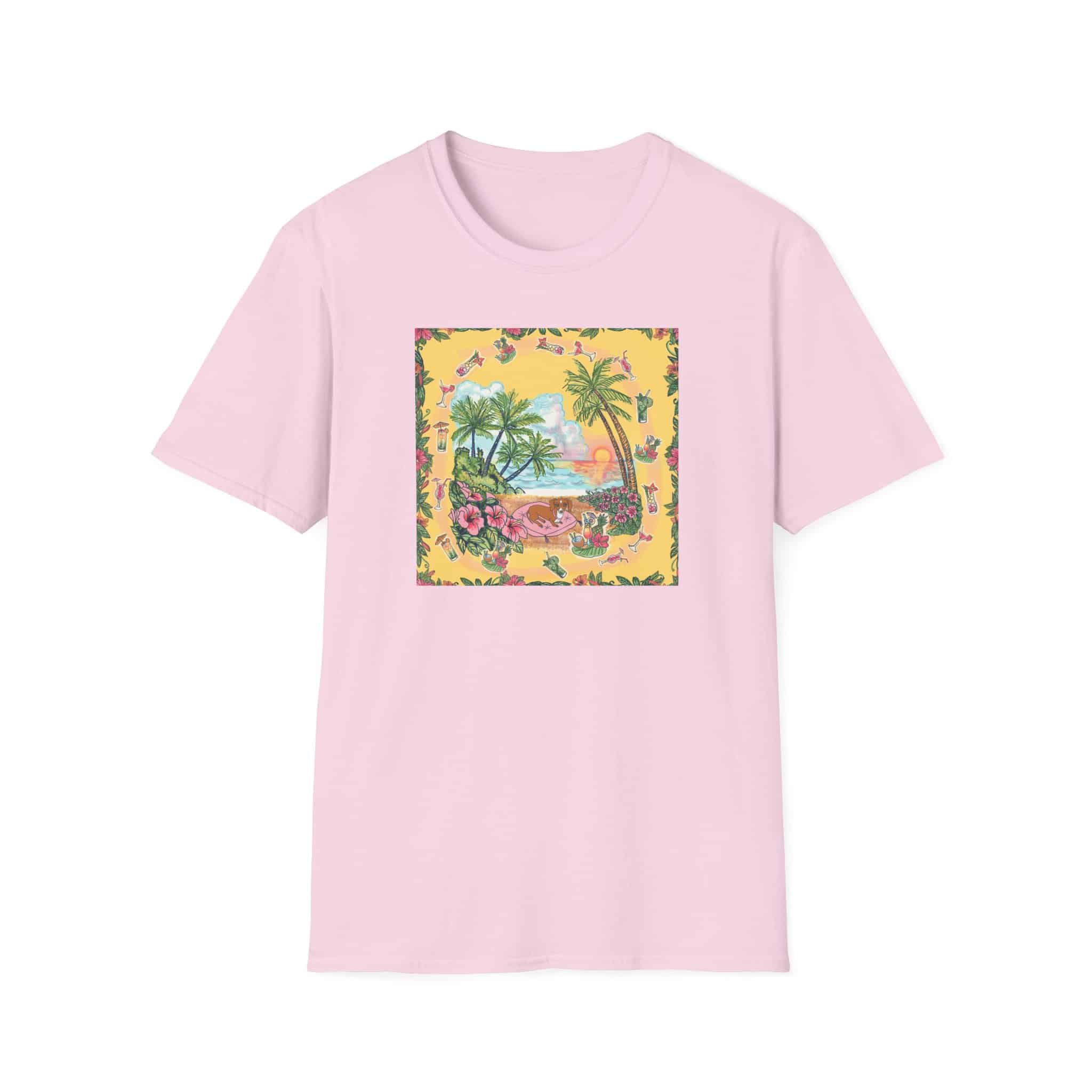 Girl Dachshund on a Tropical Sunset Beach T-Shirt — Vintage Beach Floral Graphic - Image 11
