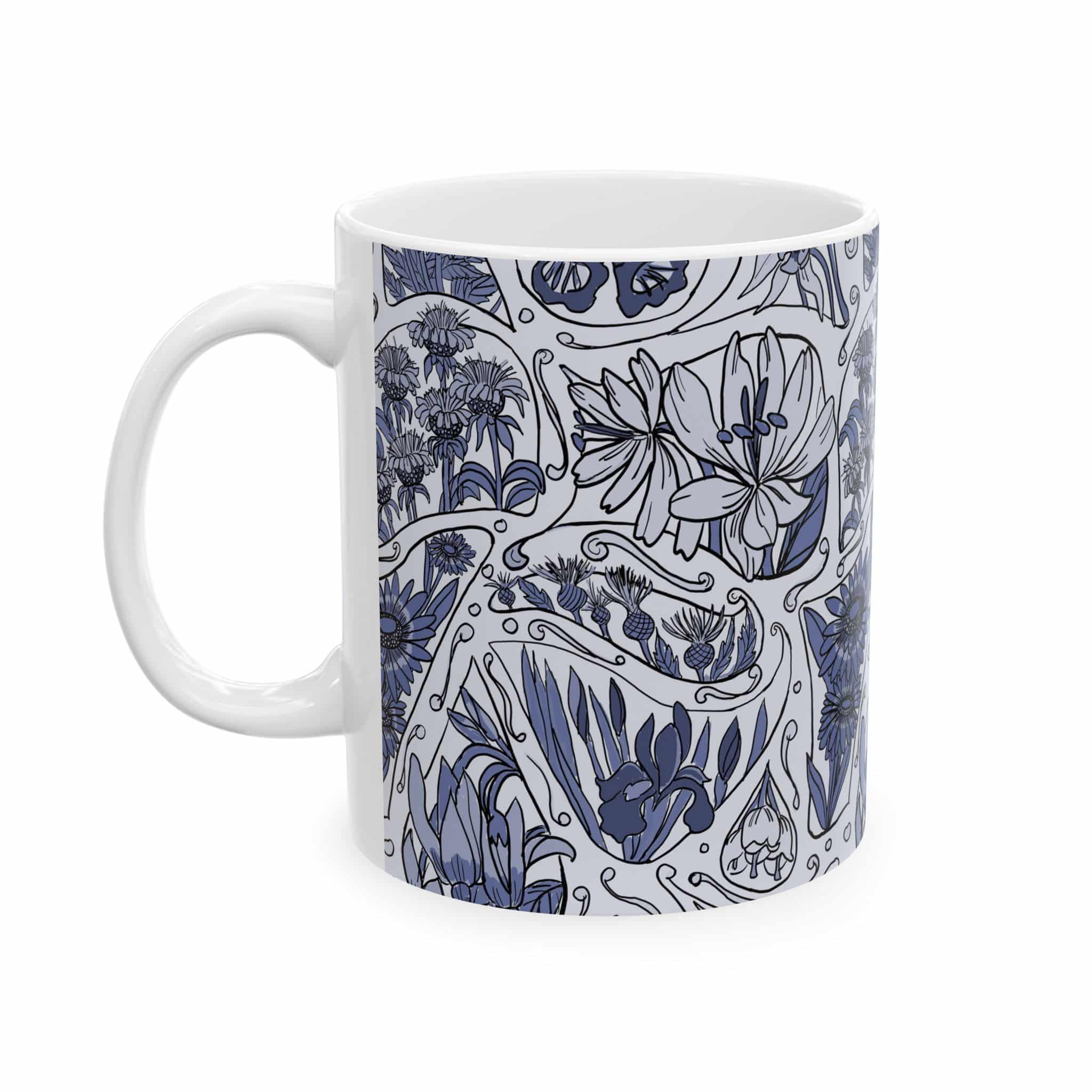 Blue Floral Pattern Ceramic Mug — Hand-Drawn Botanical Design (11oz & 15oz)