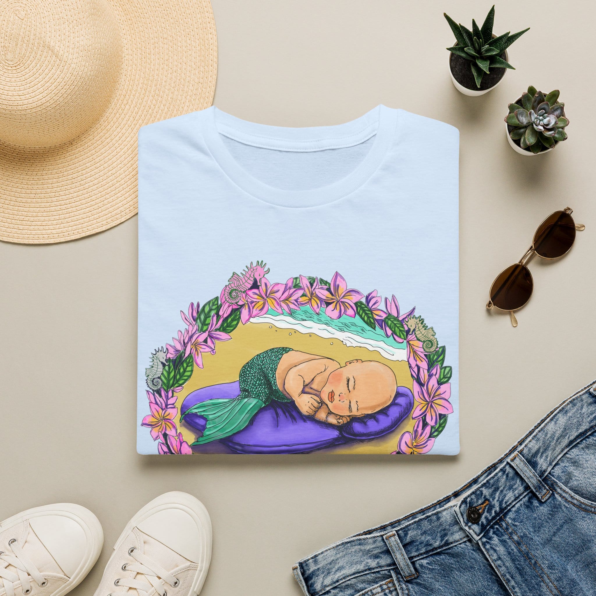 Mer-Toddler Napping on the Beach T-Shirt — Tropical Floral Ocean Graphic - Image 4