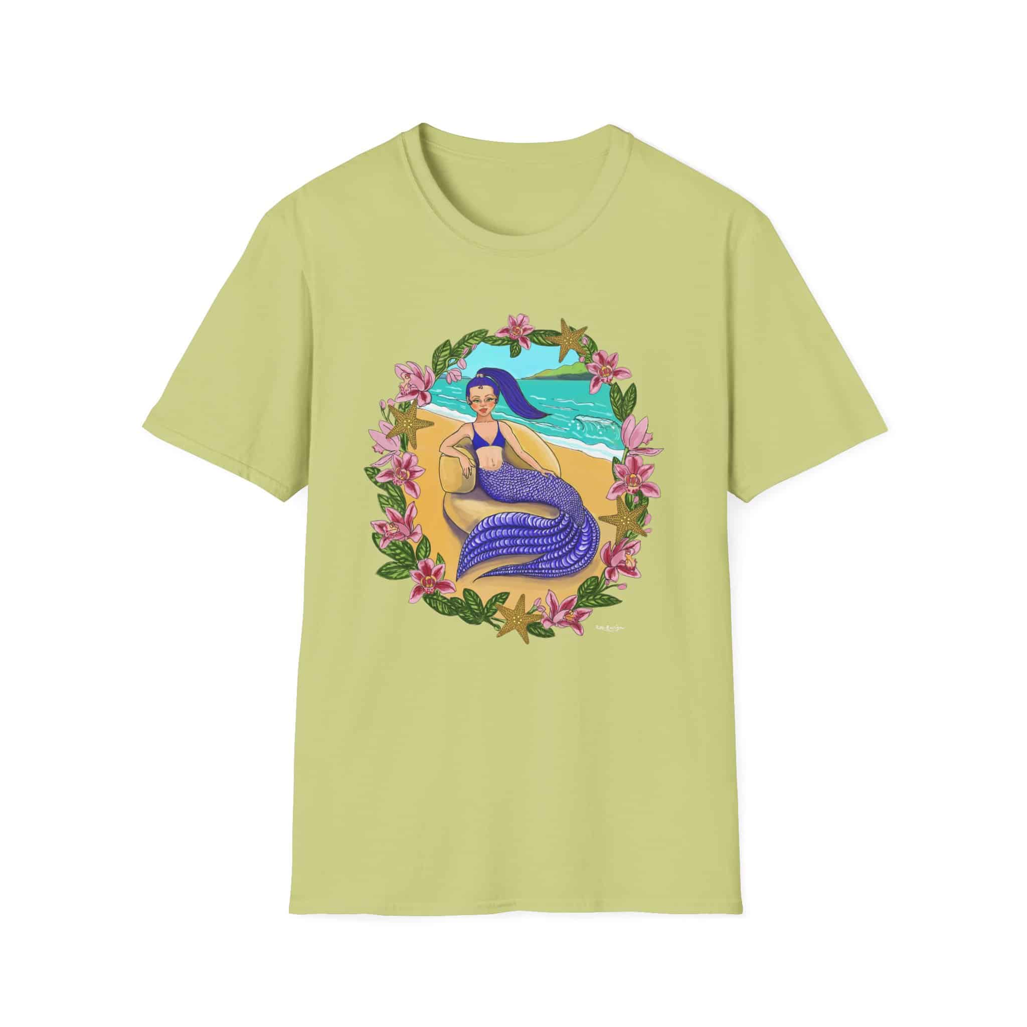 Blue-Haired Mermaid Beach Vibes T-Shirt — Tropical Floral Ocean Graphic - Image 18