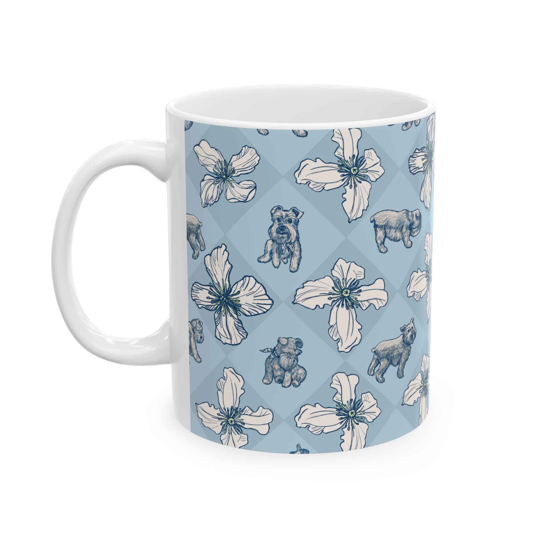 Blue Floral Pug Ceramic Mug — Cute Schnauzer Dog Pattern Coffee Cup (11oz, 15oz)