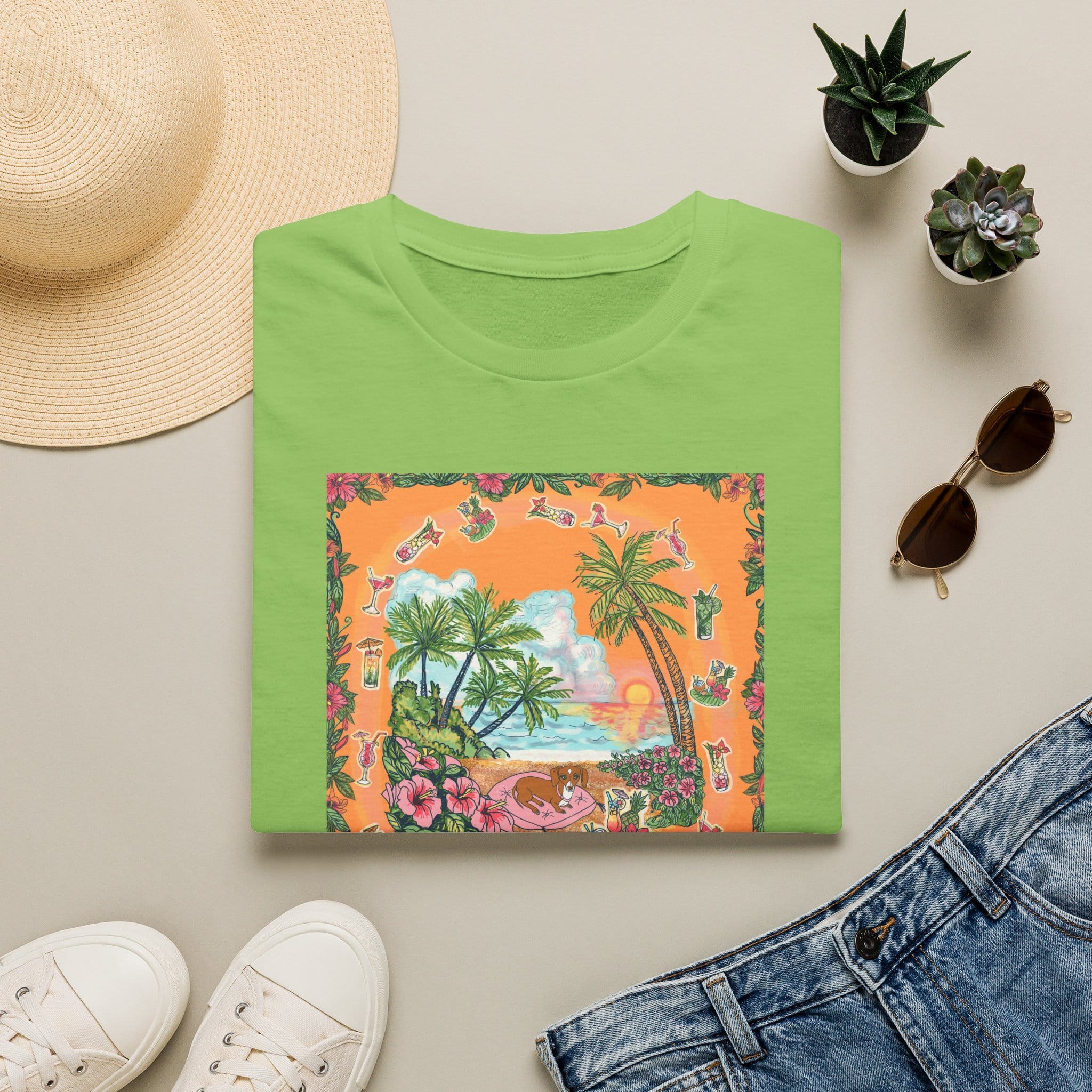 Girl Dachshund on a Tropical Sunset Beach T-Shirt — Vintage Beach Floral Graphic - Image 35