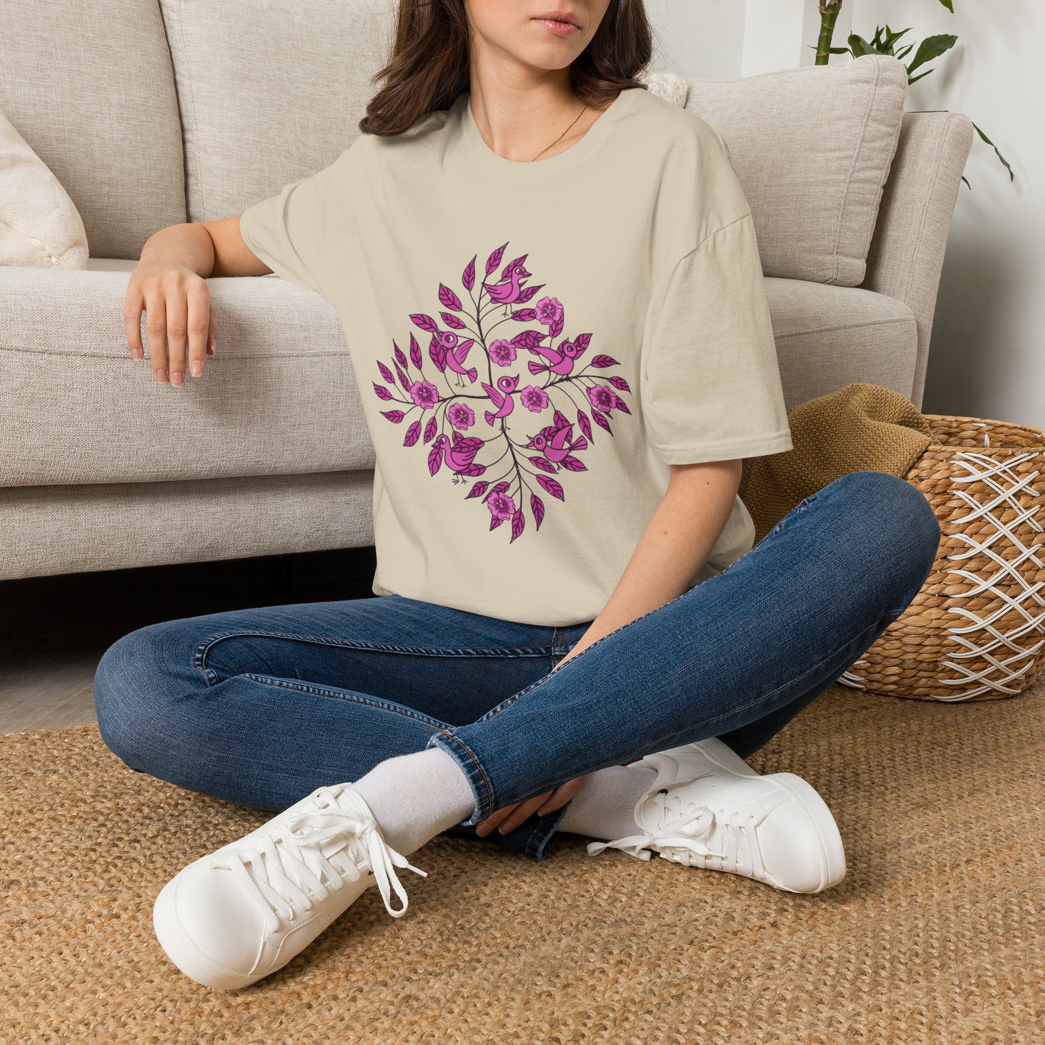 Floral Bird Branch T-Shirt —Pink Blossoms Graphic Tee - Image 2