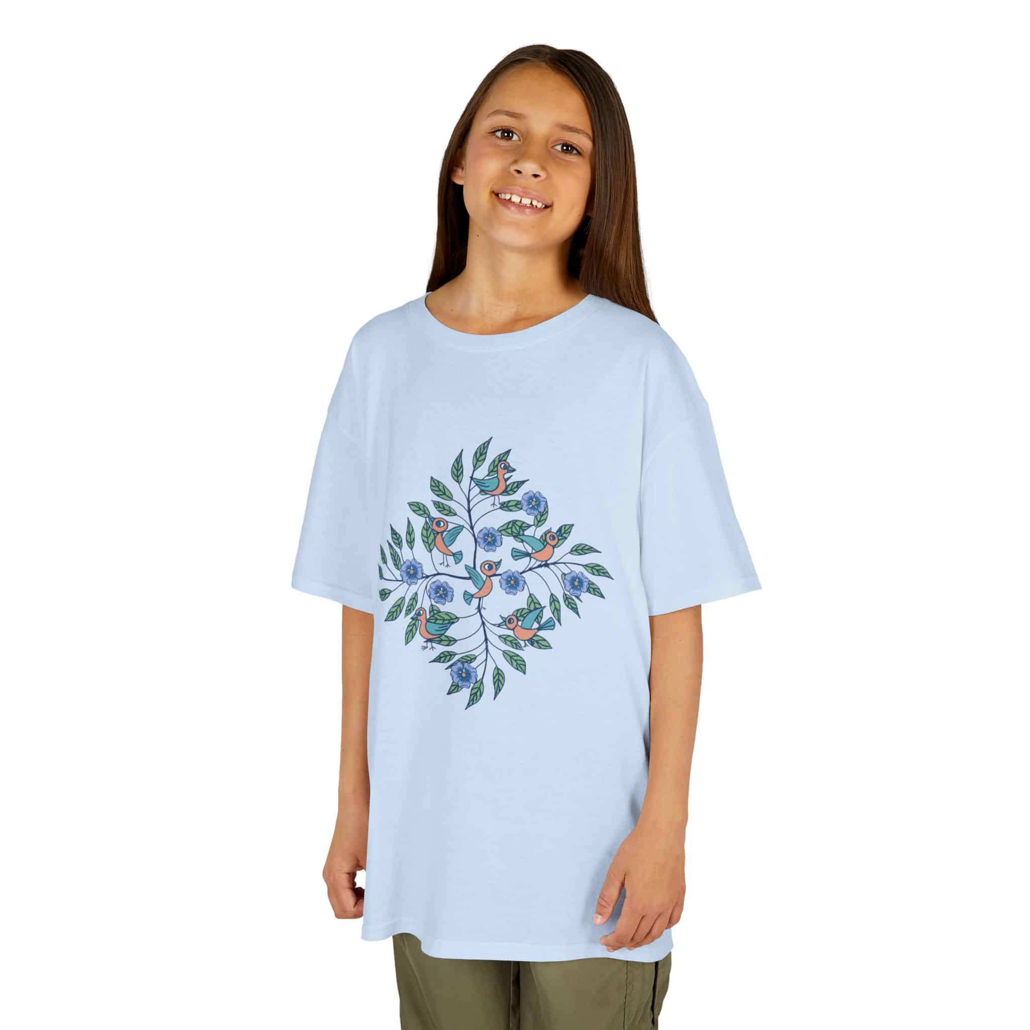 Kids Tee — Stick Figure Birds Floral Leaf Diamond Graphic - Image 4