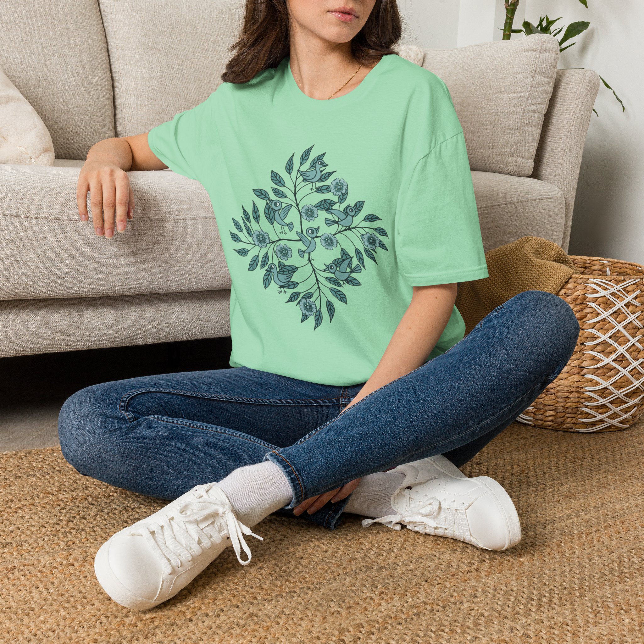 Botanical Bird Tee — Teal Floral Branch Graphic T-Shirt