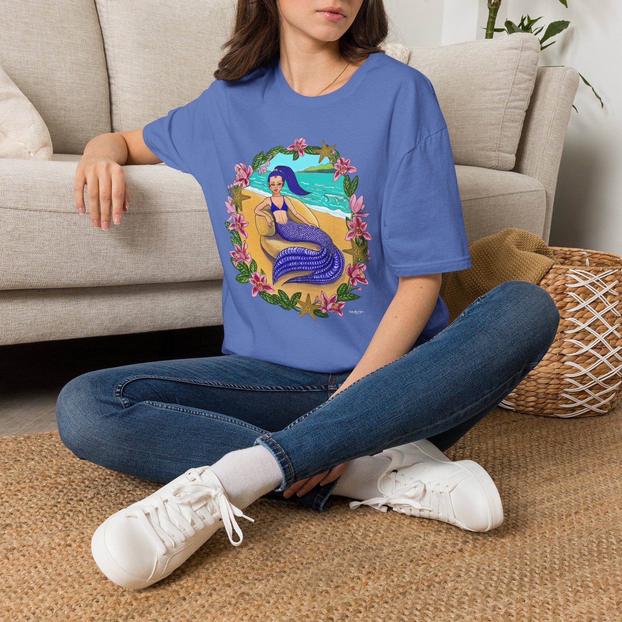 Blue-Haired Mermaid Beach Vibes T-Shirt — Tropical Floral Ocean Graphic - Image 32