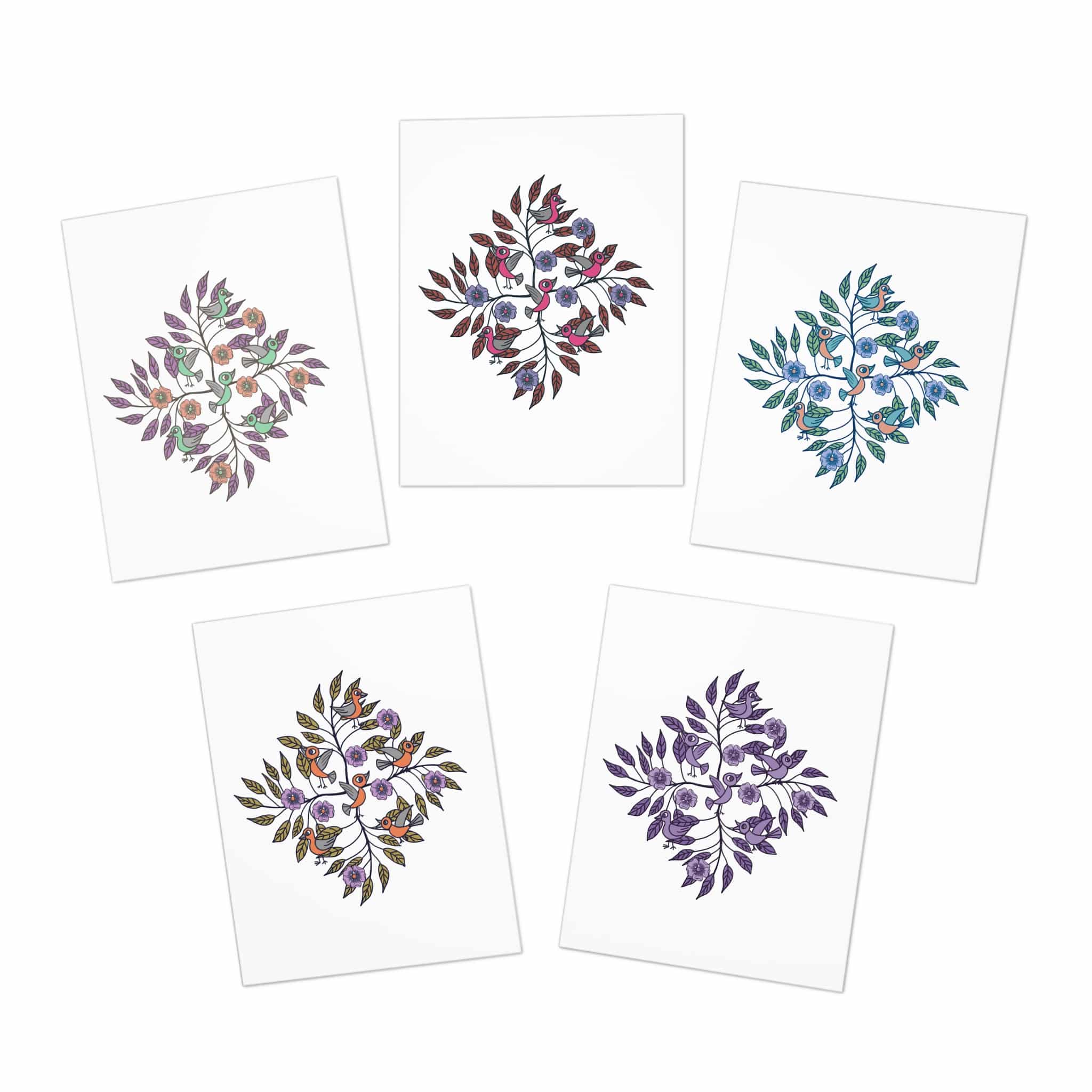 Stick Figure Birds Floral Wreath Greeting Cards – 5-Pack Assorted Watercolor Notes