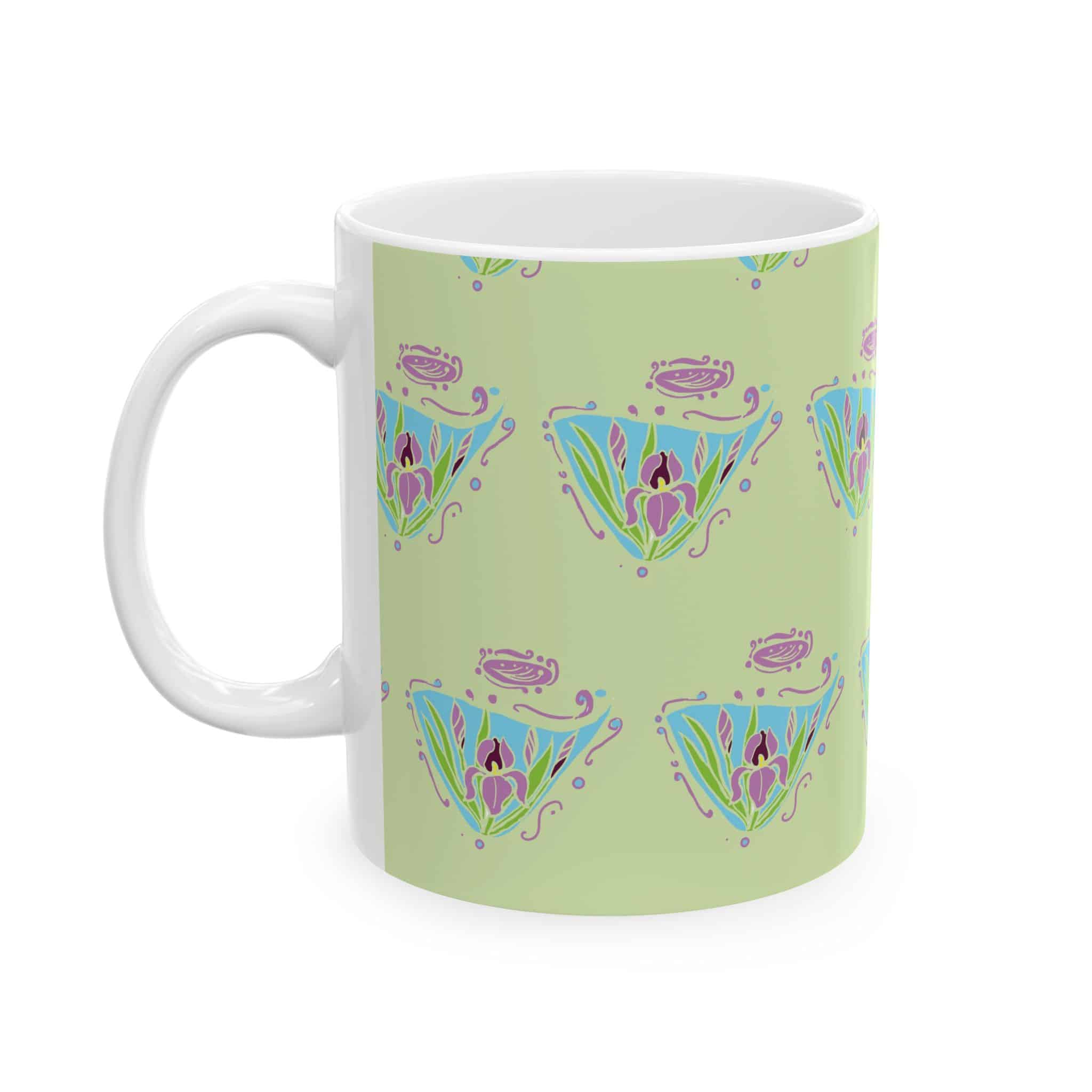 Pastel Floral Art Nouveau Diamond Pattern Ceramic Mug — Cute Botanical Tea & Coffee Cup (11oz, 15oz)