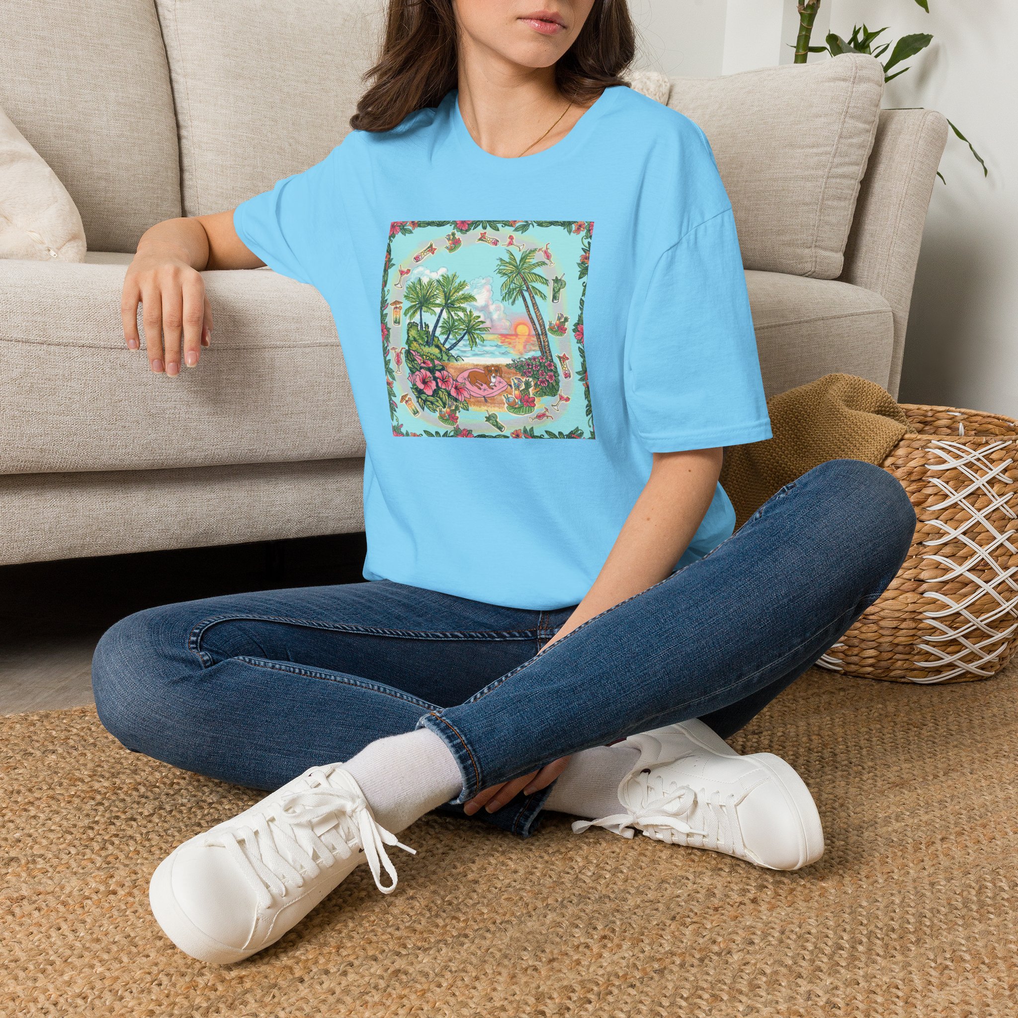 Dachshund on a Tropical Sunset Beach T-Shirt — Vintage Beach Floral Graphic - Image 34