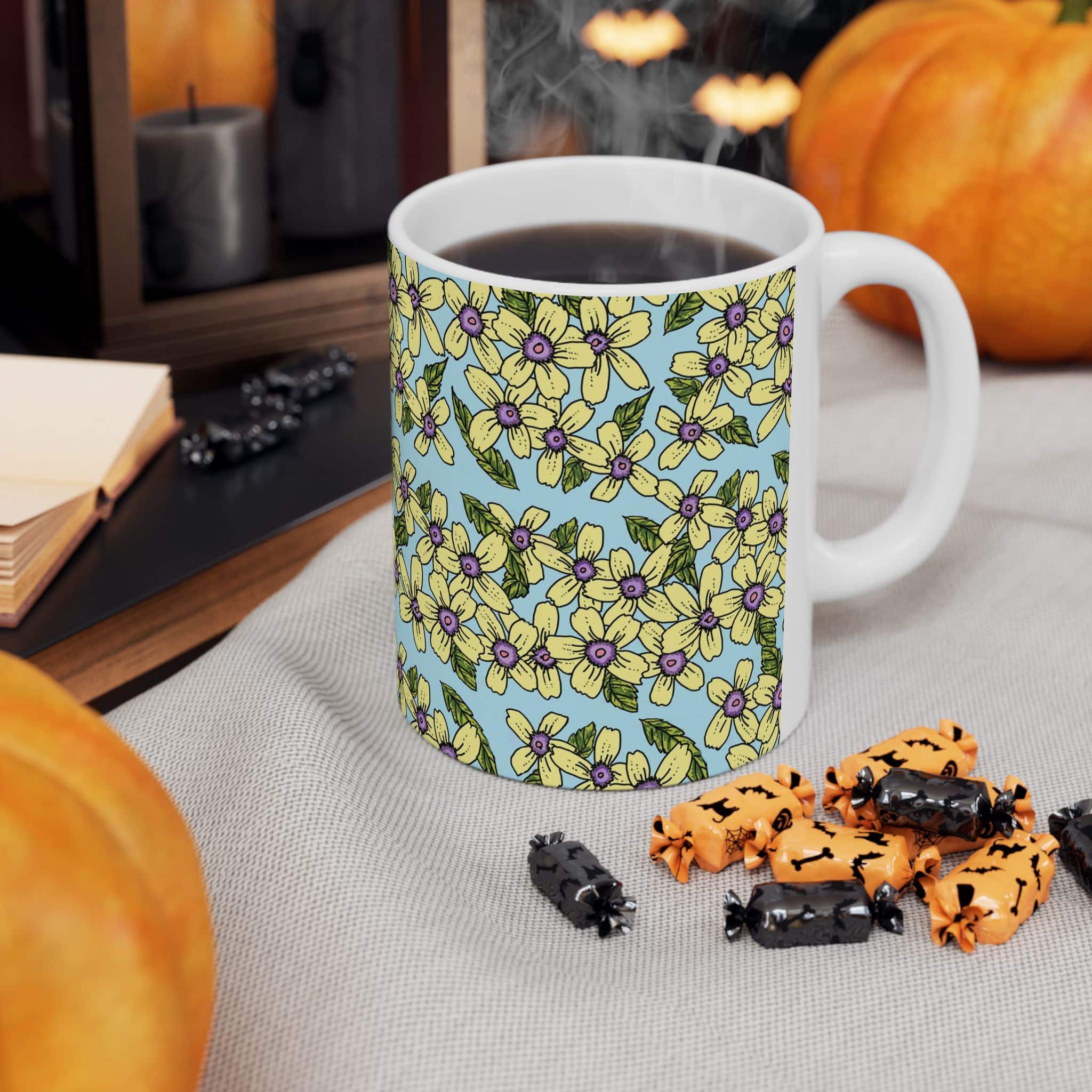 Floral Pattern Ceramic Mug — Yellow Blossoms on Sky Blue (11oz & 15oz) - Image 4