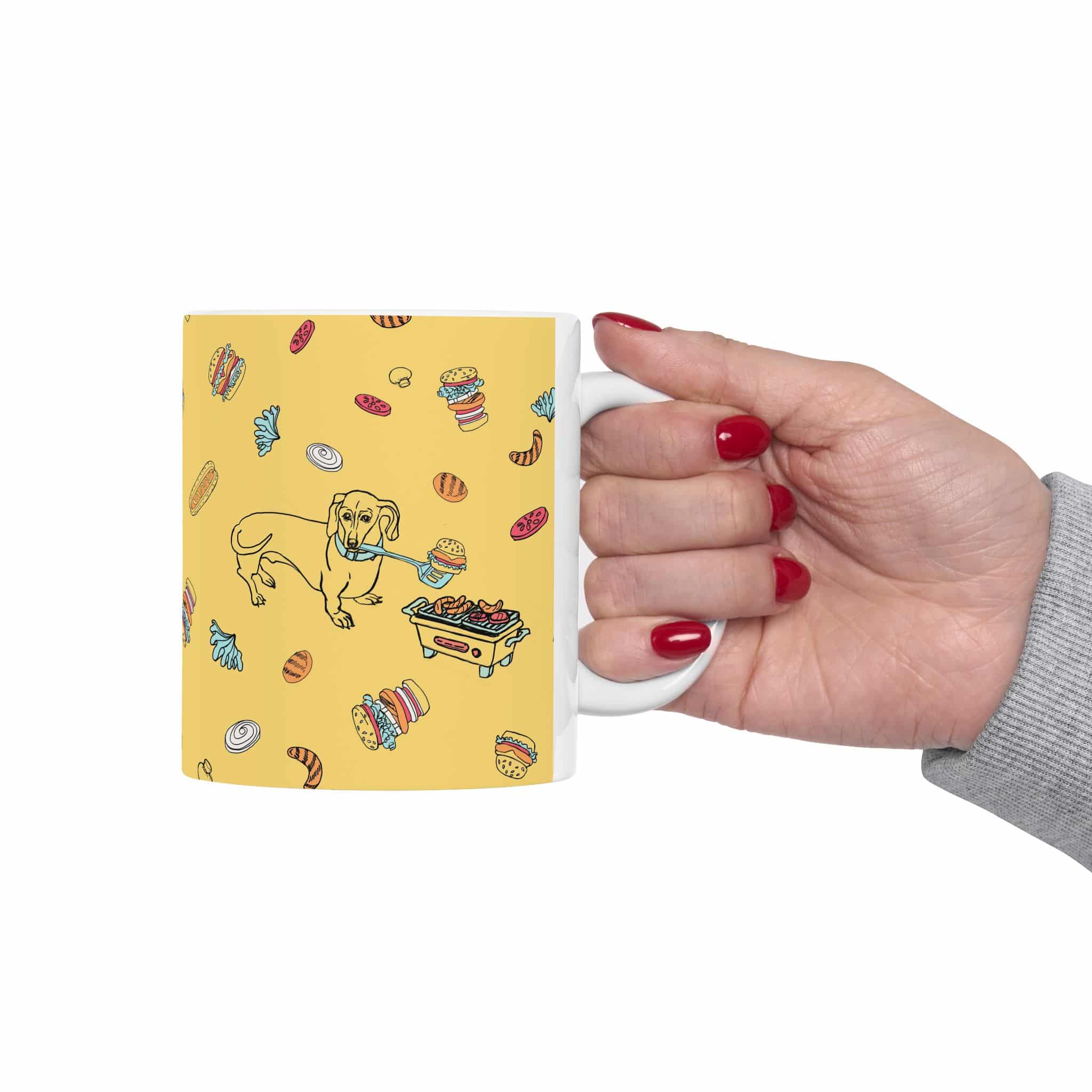 Dachshund Cooking on Hibachi Pattern Ceramic Mug — Cute Burger & Hot Dog 11oz/15oz Coffee Cup - Image 3