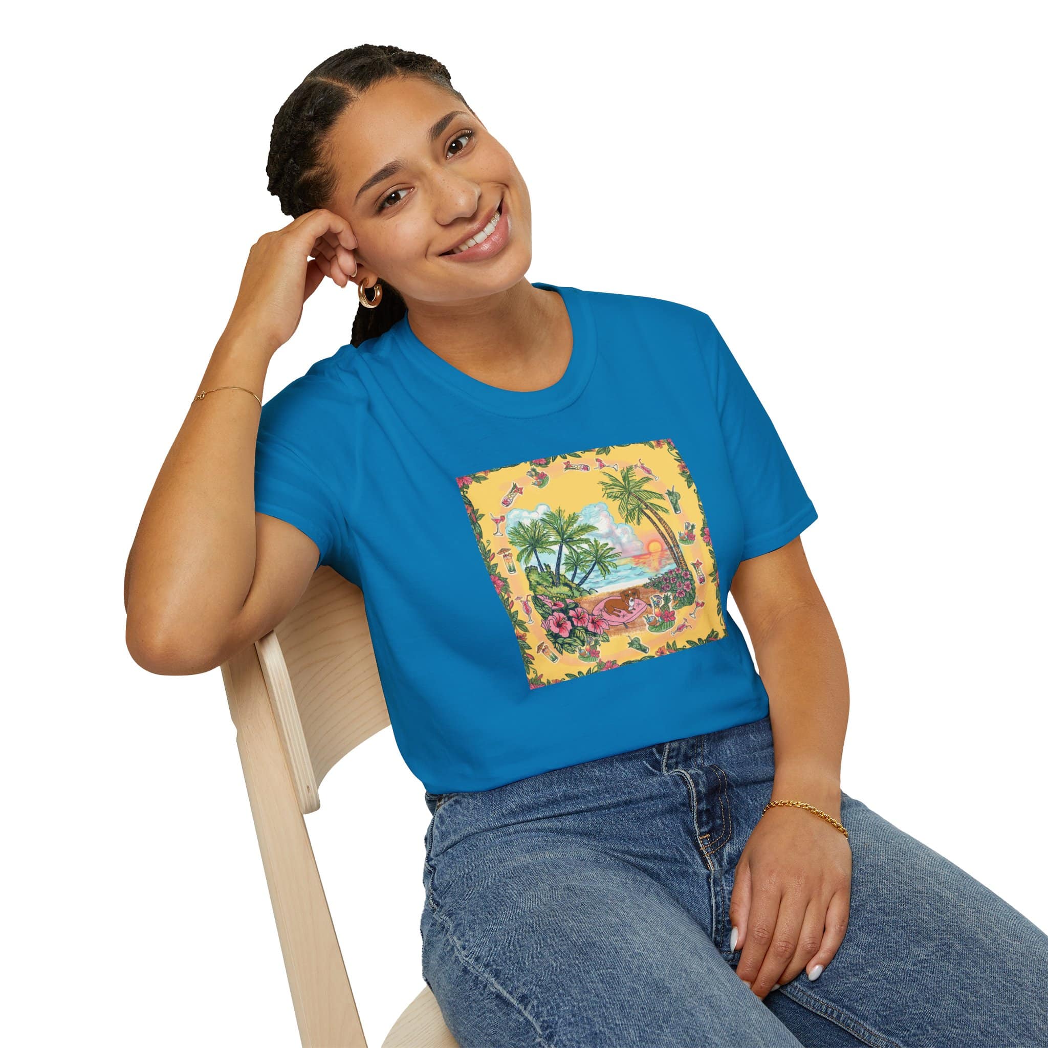 Girl Dachshund on a Tropical Sunset Beach T-Shirt — Vintage Beach Floral Graphic - Image 44