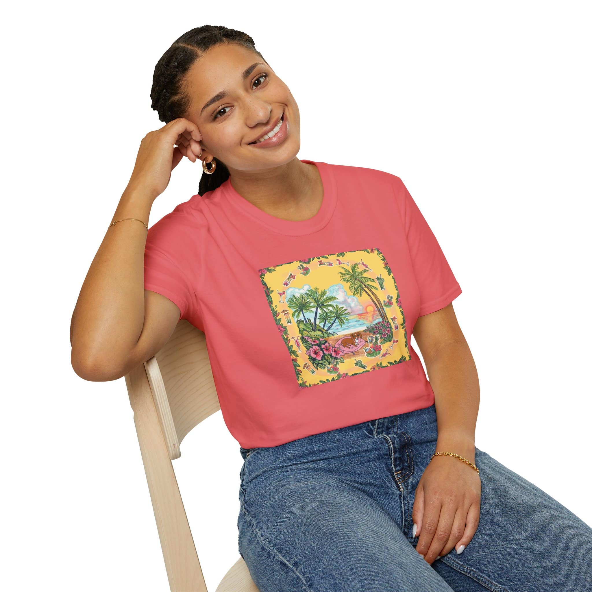 Girl Dachshund on a Tropical Sunset Beach T-Shirt — Vintage Beach Floral Graphic - Image 20