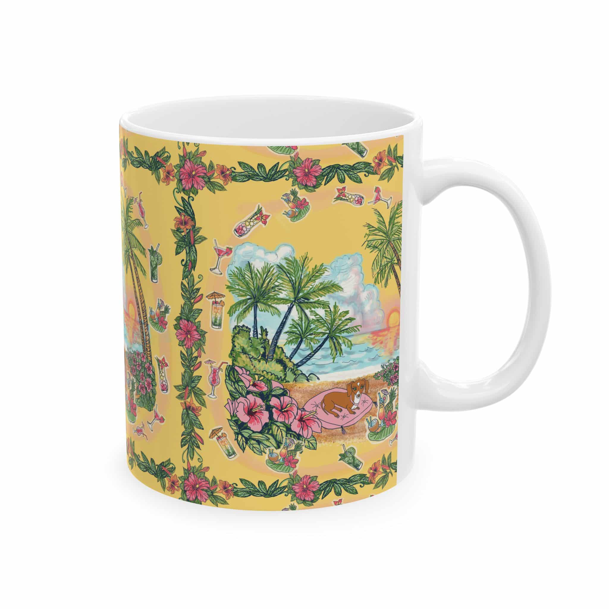 Dachshund Tropical Sunset Ceramic Mug – Hawaiian Beach Scene with Palm Trees & Hibiscus (11oz/15oz) - Image 2
