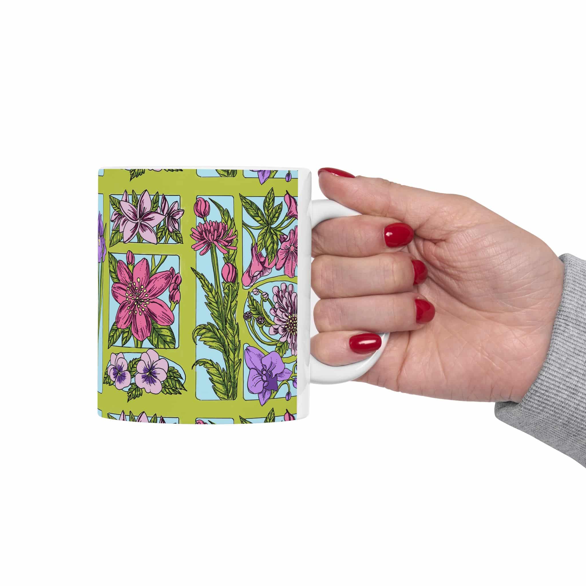 Botanical Patchwork Ceramic Mug — Floral Garden Coffee Cup (11oz/15oz) - Image 3