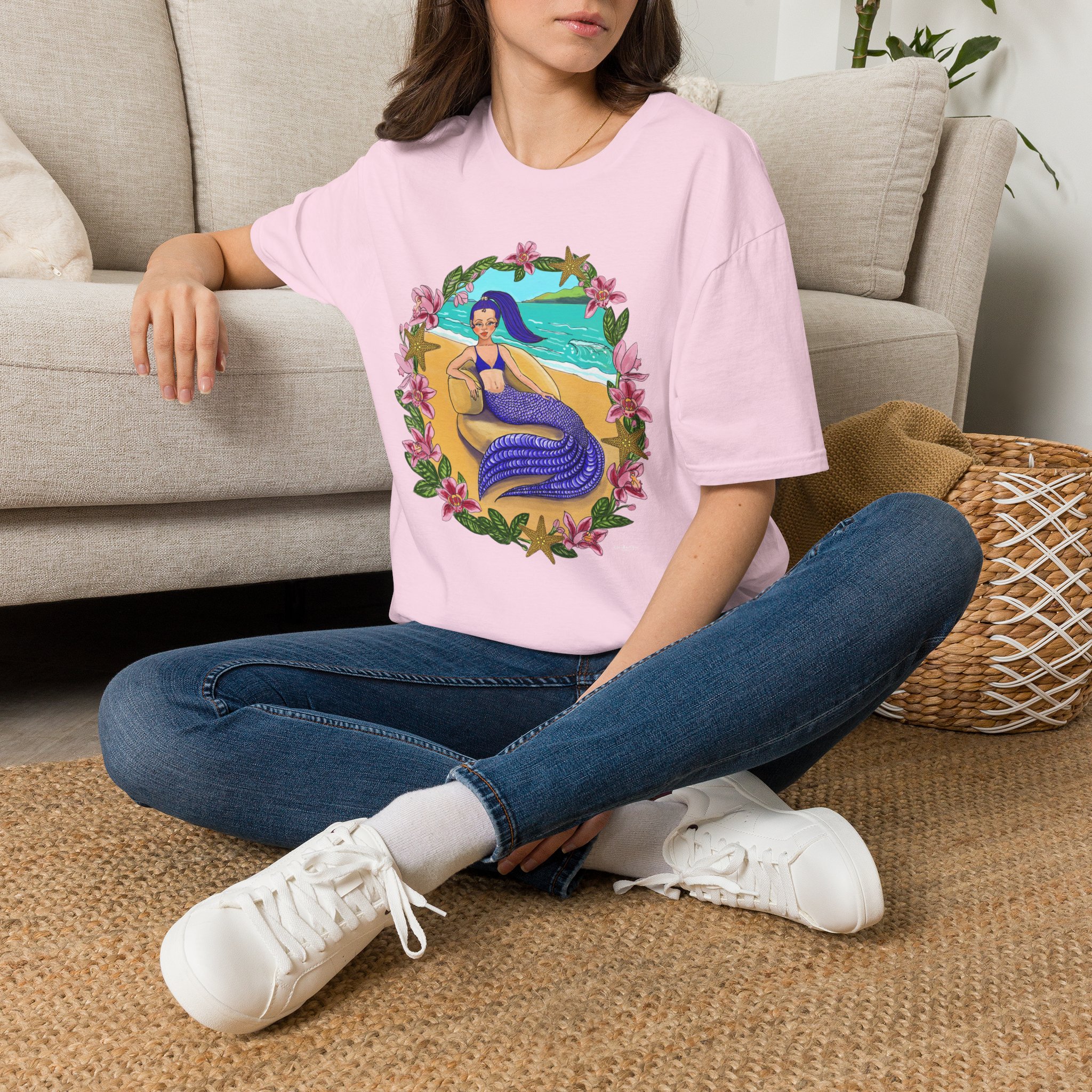 Blue-Haired Mermaid Beach Vibes T-Shirt — Tropical Floral Ocean Graphic - Image 5