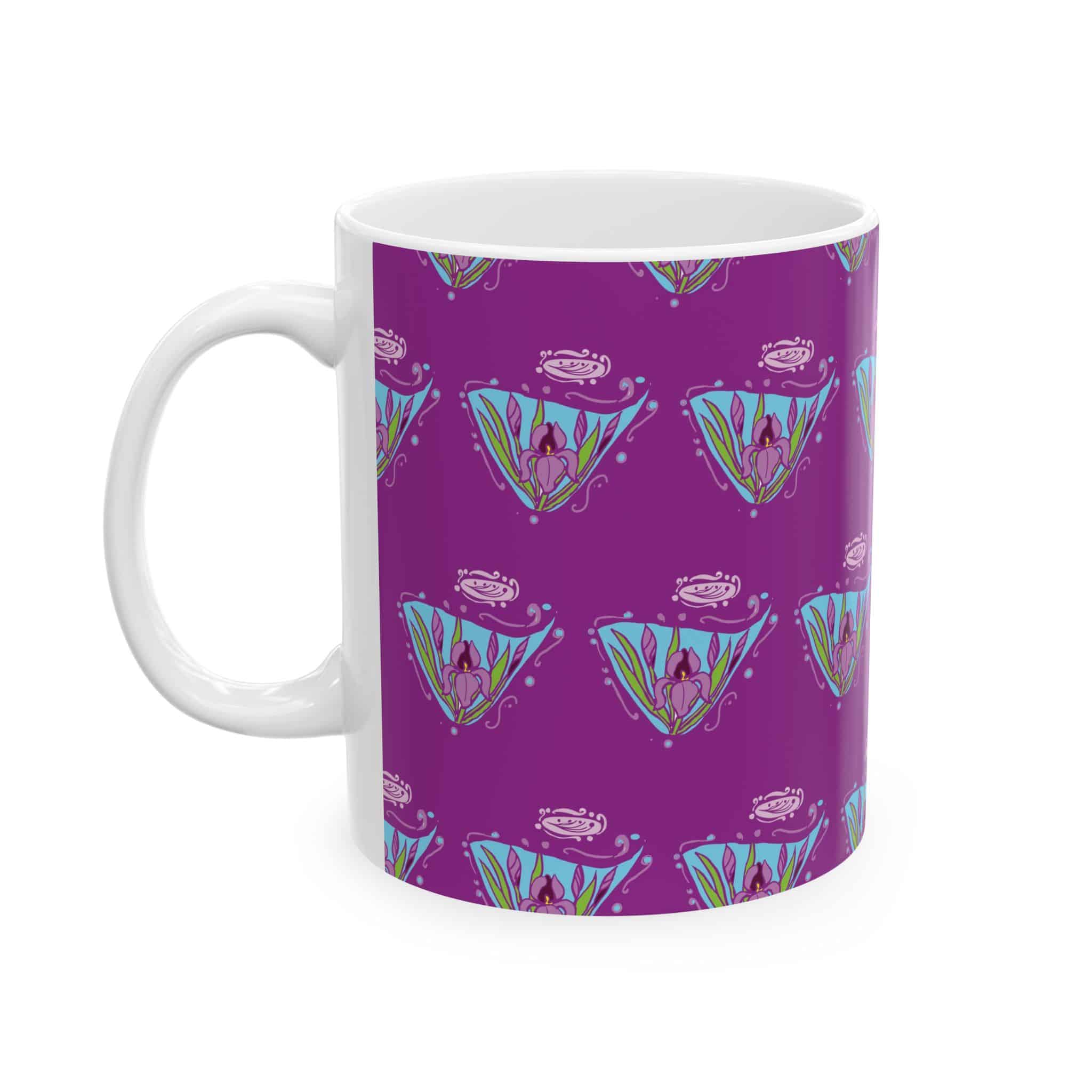 Purple Floral Art Nouveau Iris Pattern Ceramic Mug — Cute Botanical Tea & Coffee Cup (11oz, 15oz)