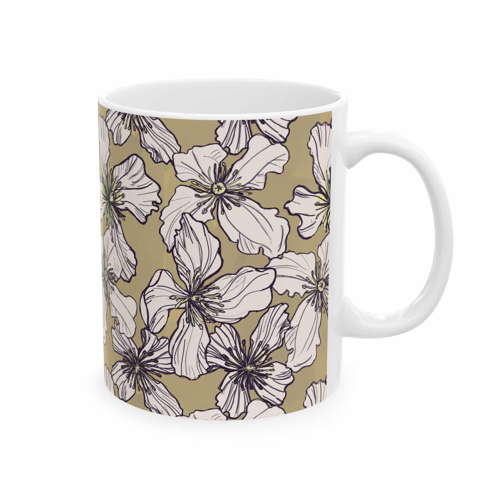 Vintage Floral Ceramic Mug — Neutral Beige & White Blossom Coffee Cup (11oz, 15oz) - Image 2