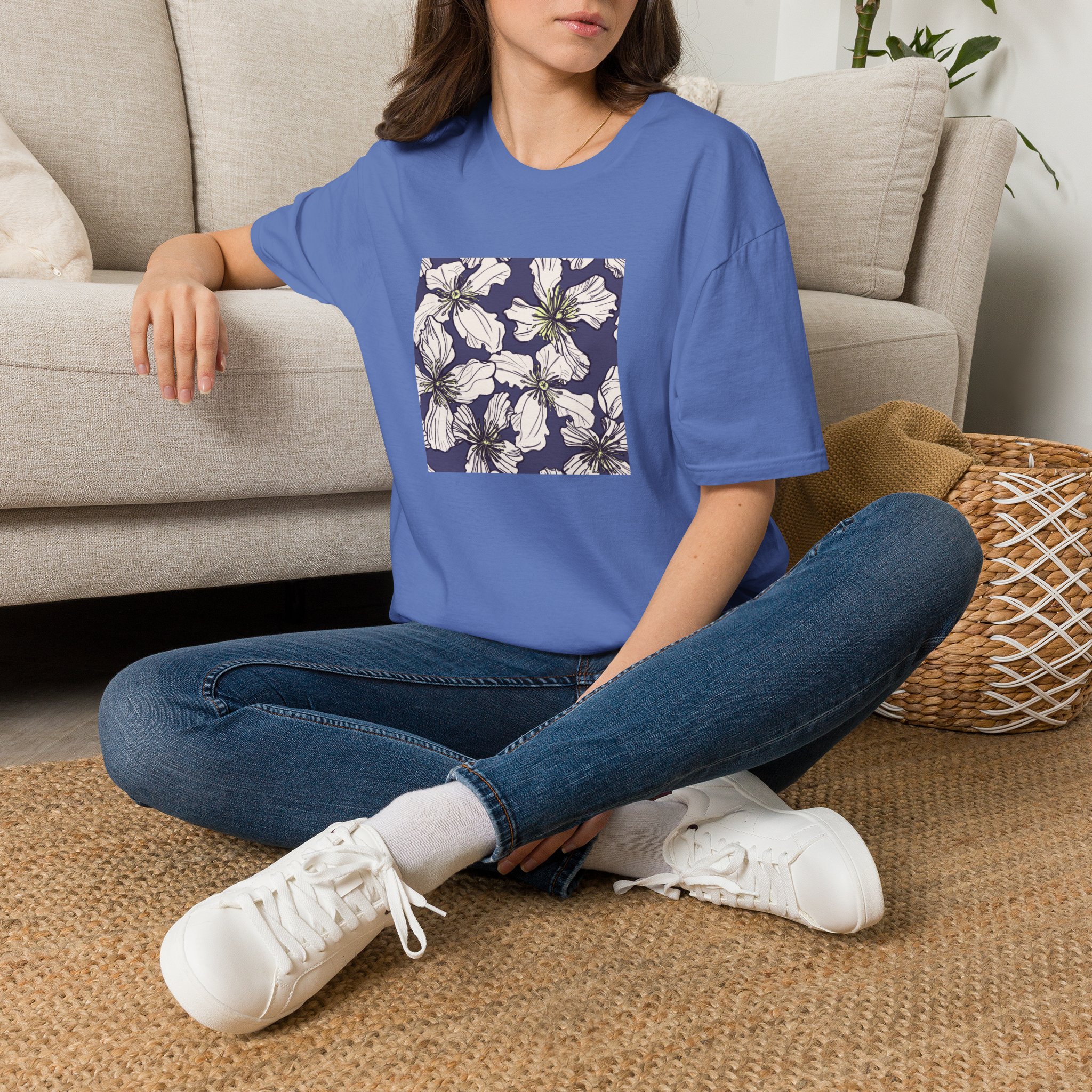 Floral Square Tee — White Clematis Print T-Shirt - Image 20