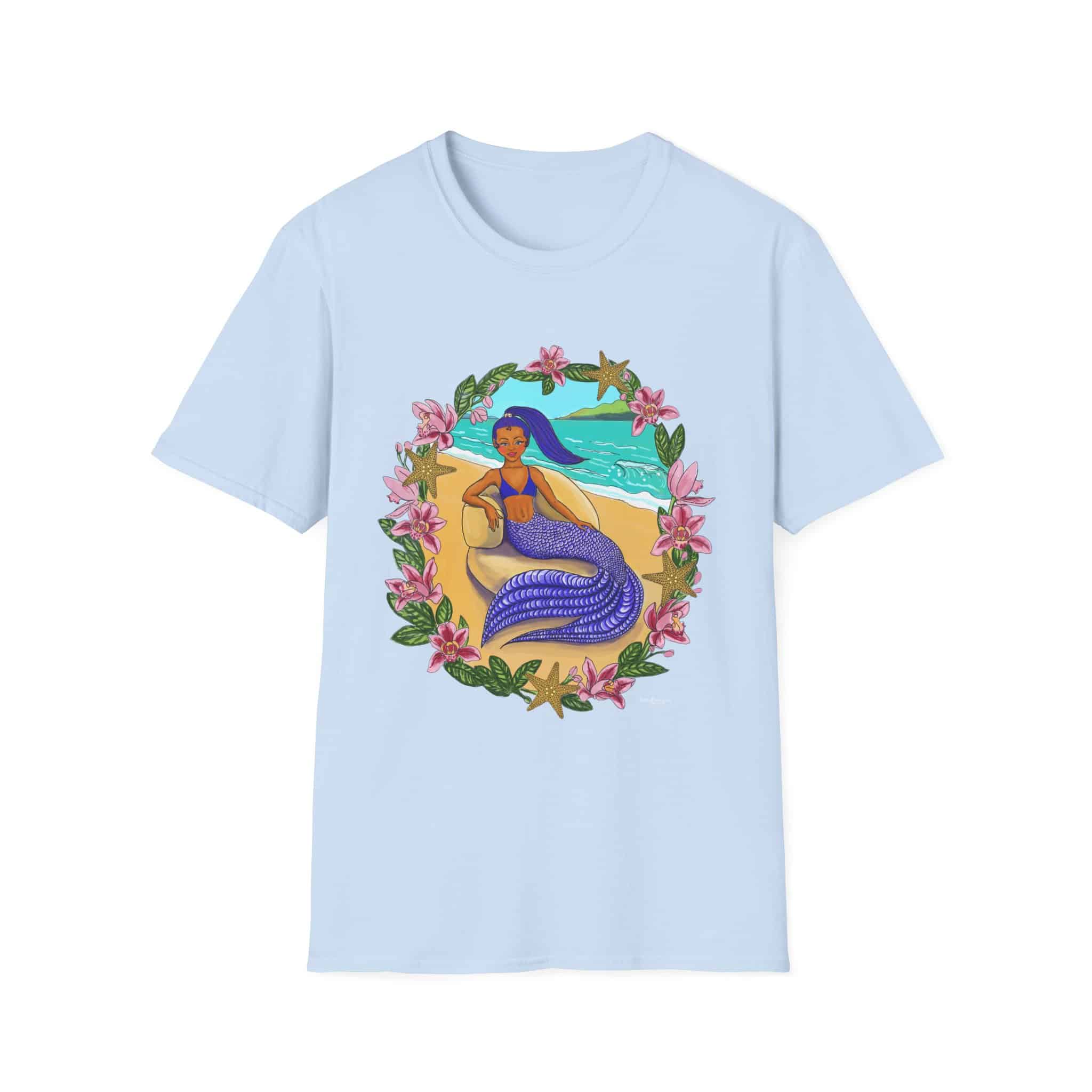 Blue-Haired Mermaid2 Beach Vibes T-Shirt — Tropical Floral Ocean Graphic - Image 3