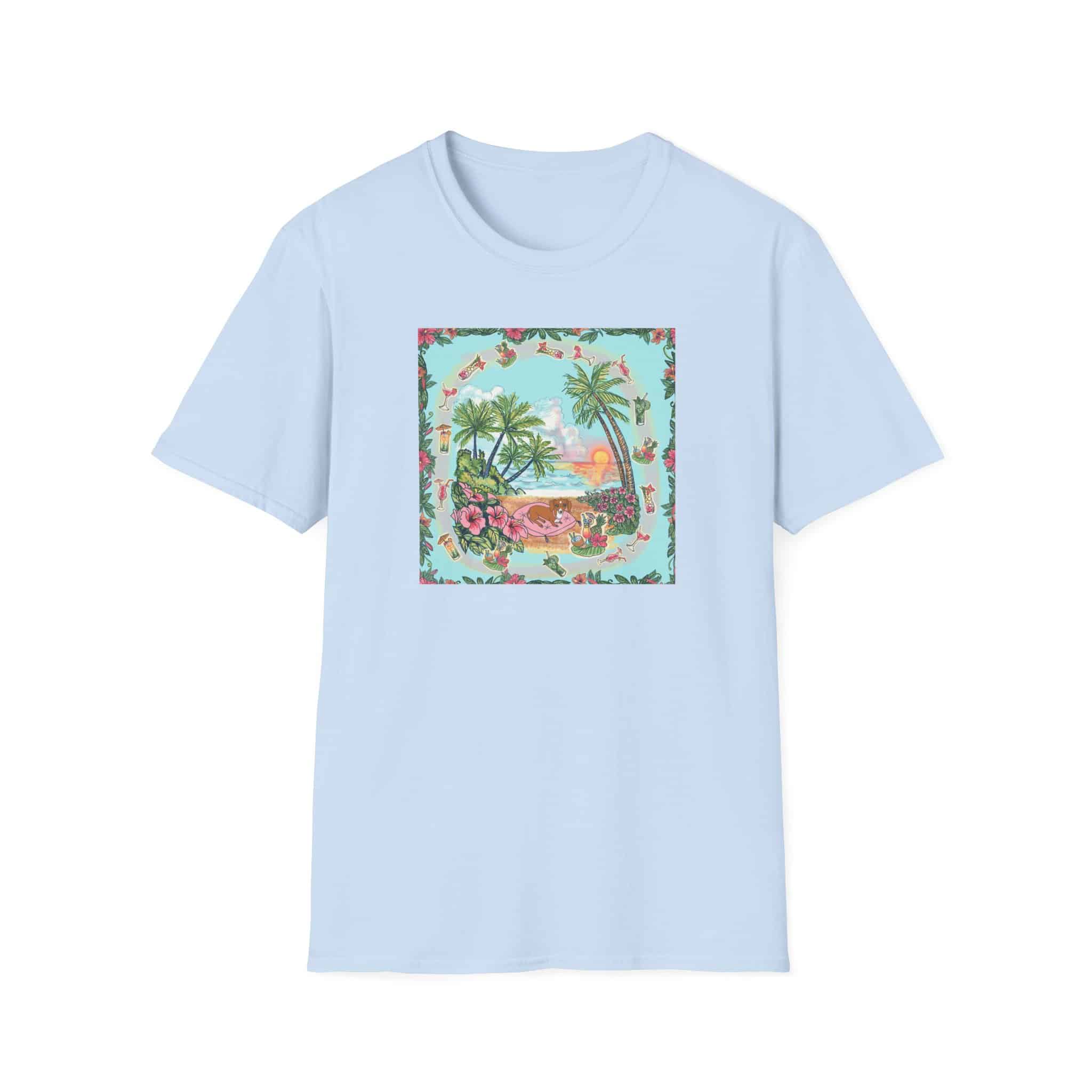 Dachshund on a Tropical Sunset Beach T-Shirt — Vintage Beach Floral Graphic - Image 3