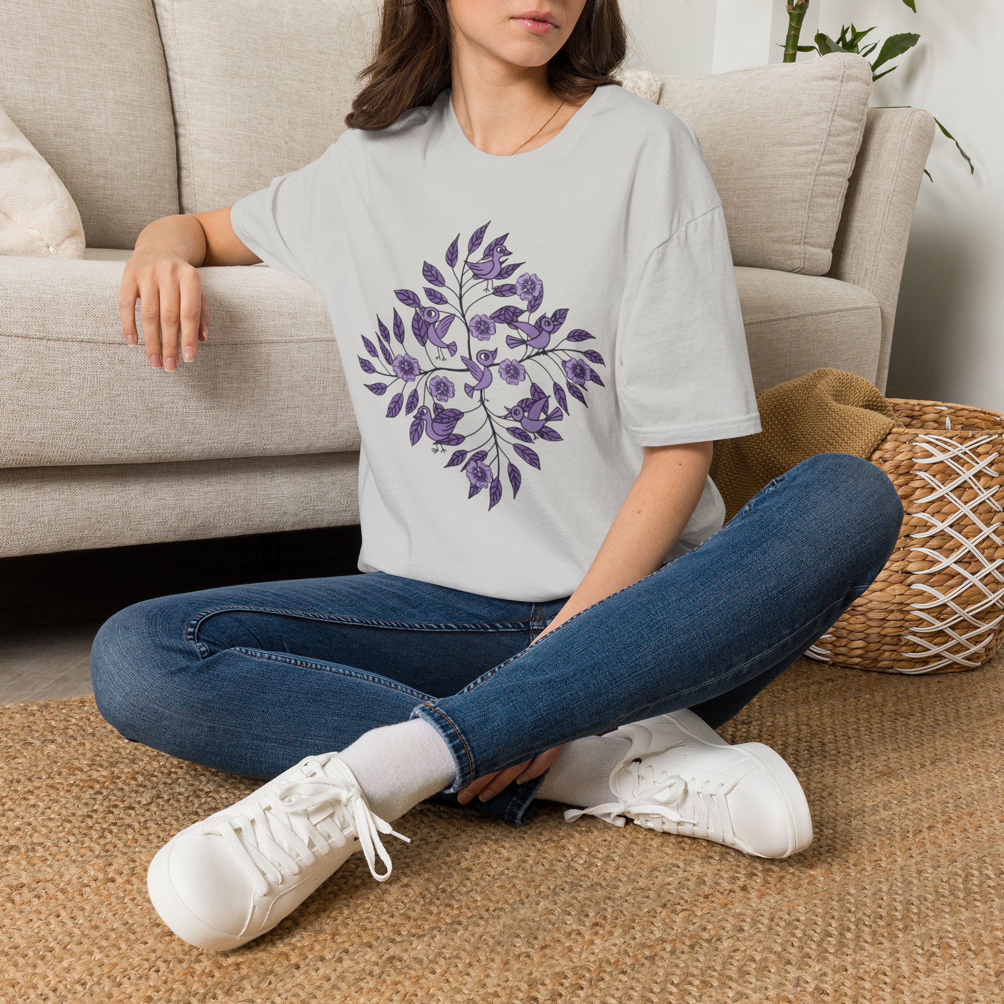 Floral Bird Tee — Purple Botanical Branch Graphic T-Shirt - Image 3