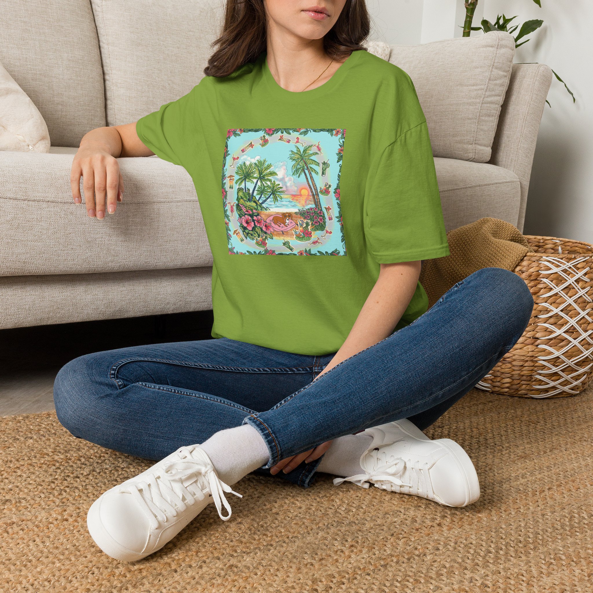 Dachshund on a Tropical Sunset Beach T-Shirt — Vintage Beach Floral Graphic - Image 22