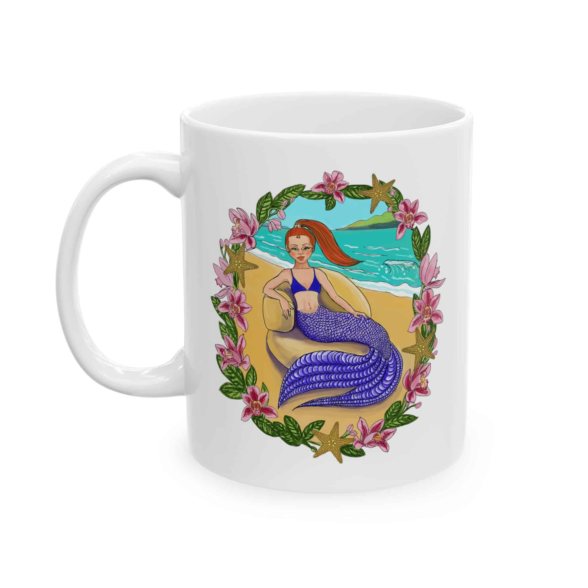 Floral Purple Tailed Mermaid Sisters Ceramic Mug (11oz, 15oz)