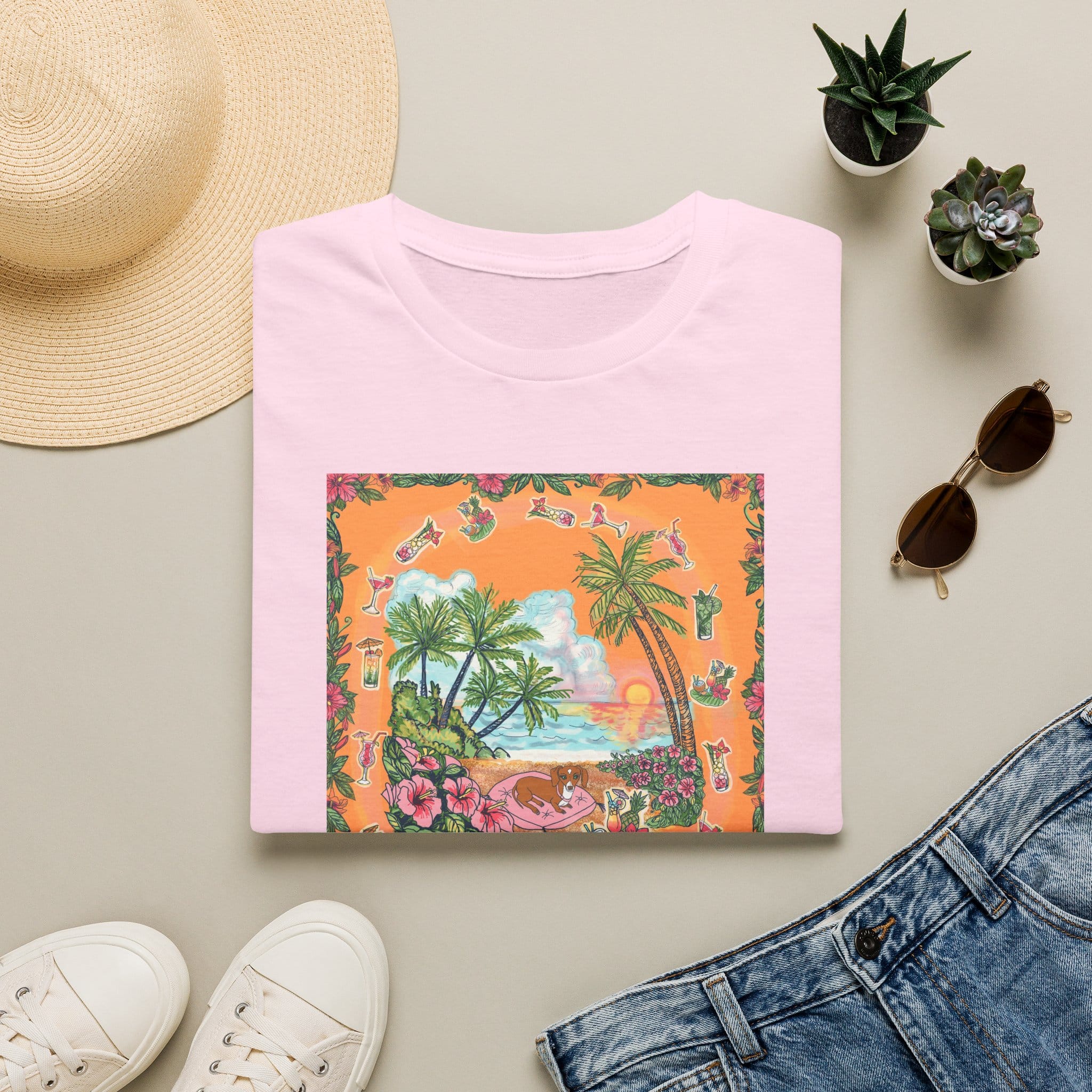 Girl Dachshund on a Tropical Sunset Beach T-Shirt — Vintage Beach Floral Graphic - Image 41