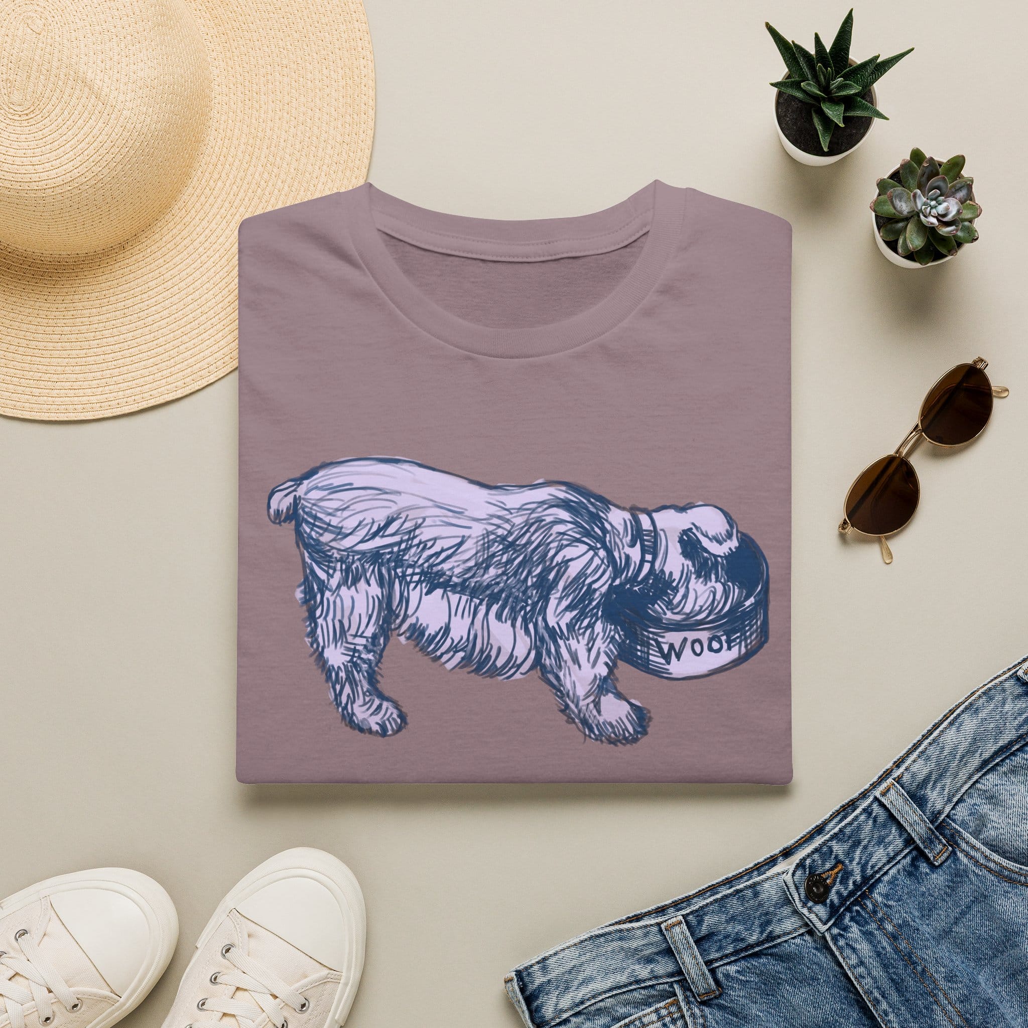 Quirky Vintage Pup Illustration T-Shirt — 'Woof' Dog Bowl Graphic - Image 19
