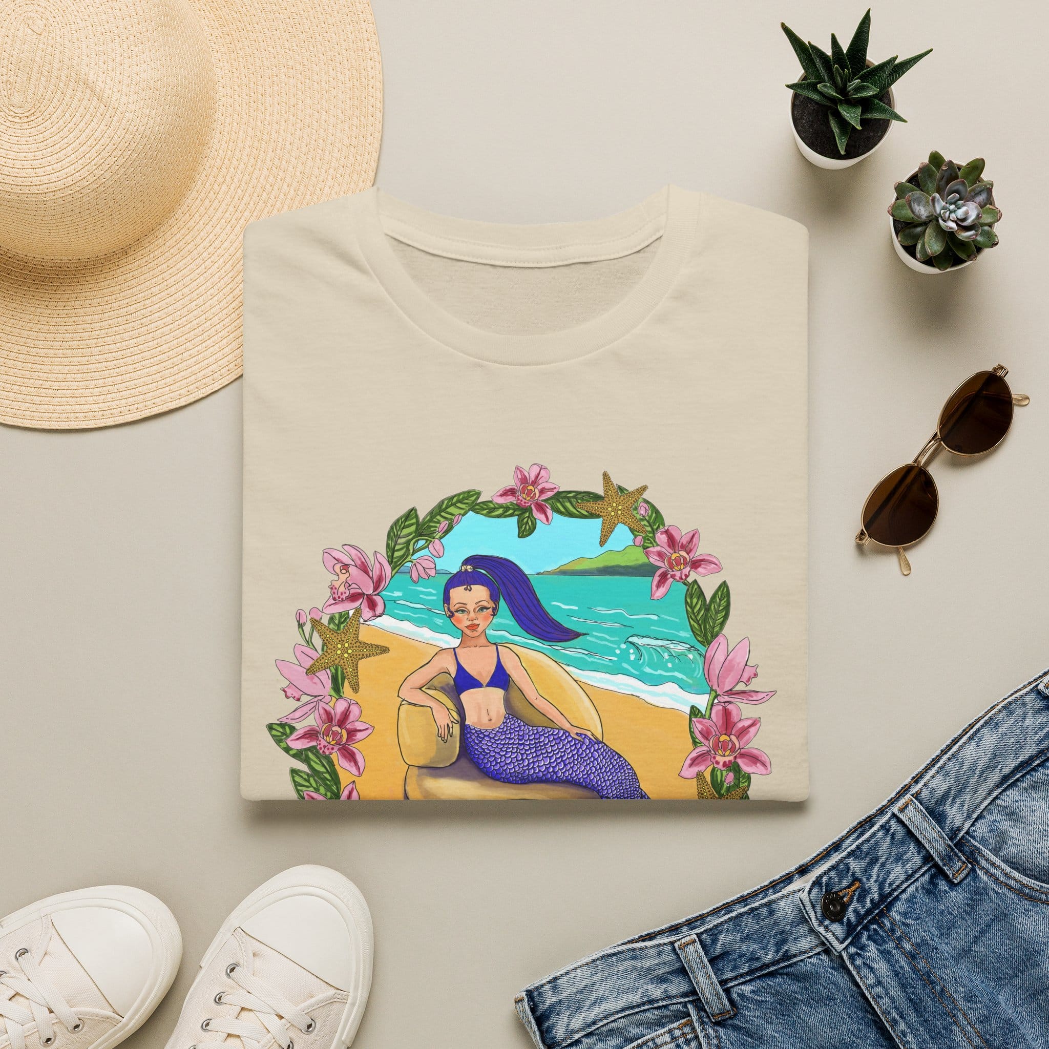 Blue-Haired Mermaid Beach Vibes T-Shirt — Tropical Floral Ocean Graphic - Image 25