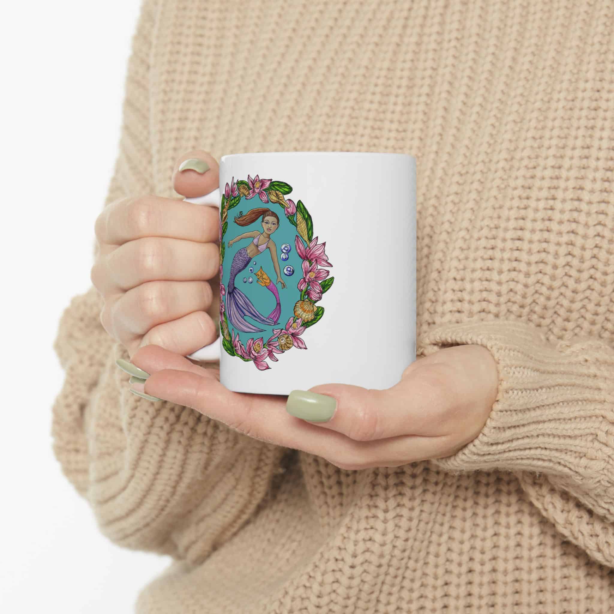 Floral Mermaid with Mercat Companion Ceramic Mug — Botanical Globe 11oz & 15oz - Image 4