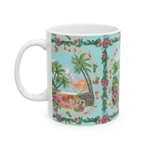 Dachschund Chilling Tropical Sunset Ceramic Mug — Island Palm Beach Scene (11oz & 15oz)