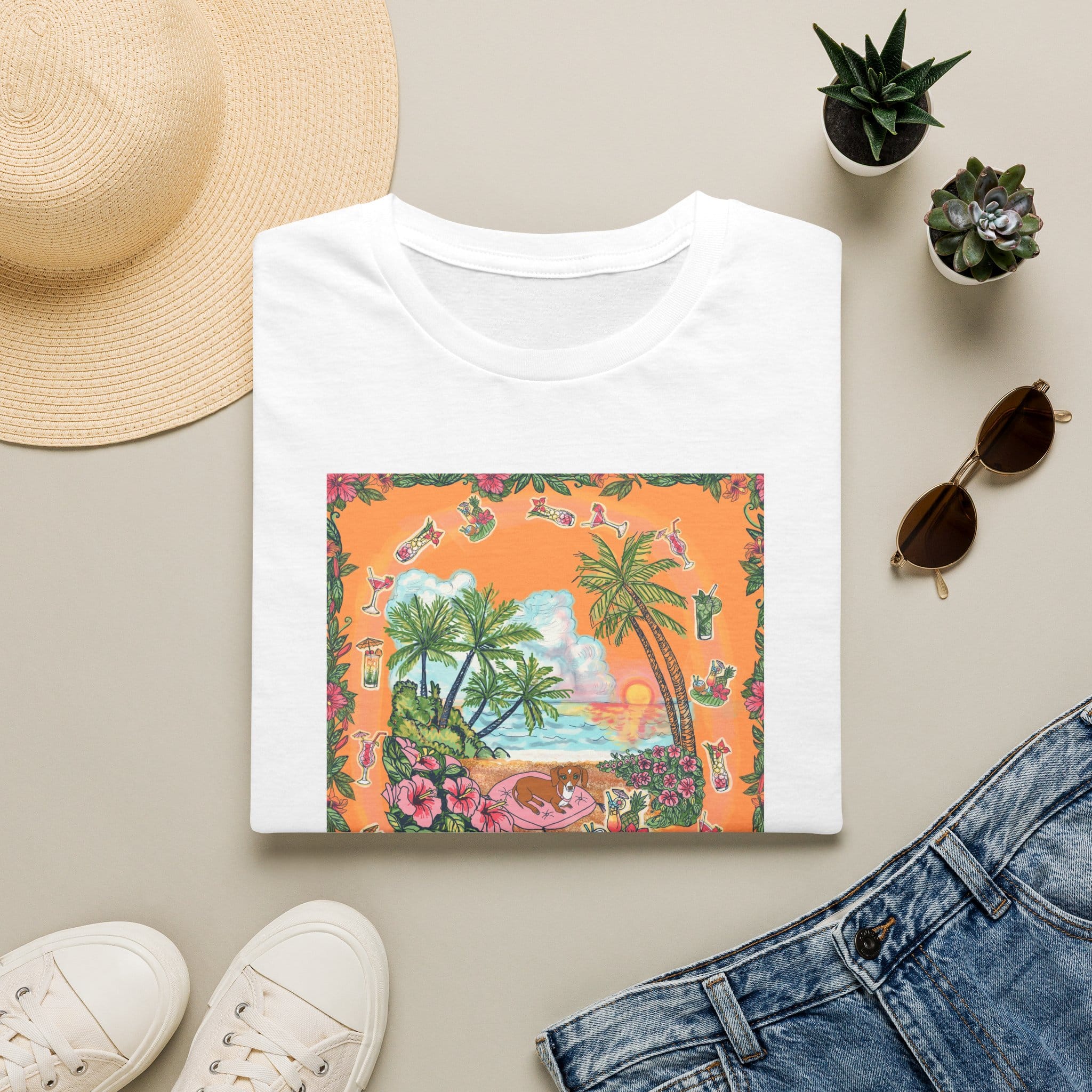 Girl Dachshund on a Tropical Sunset Beach T-Shirt — Vintage Beach Floral Graphic - Image 10