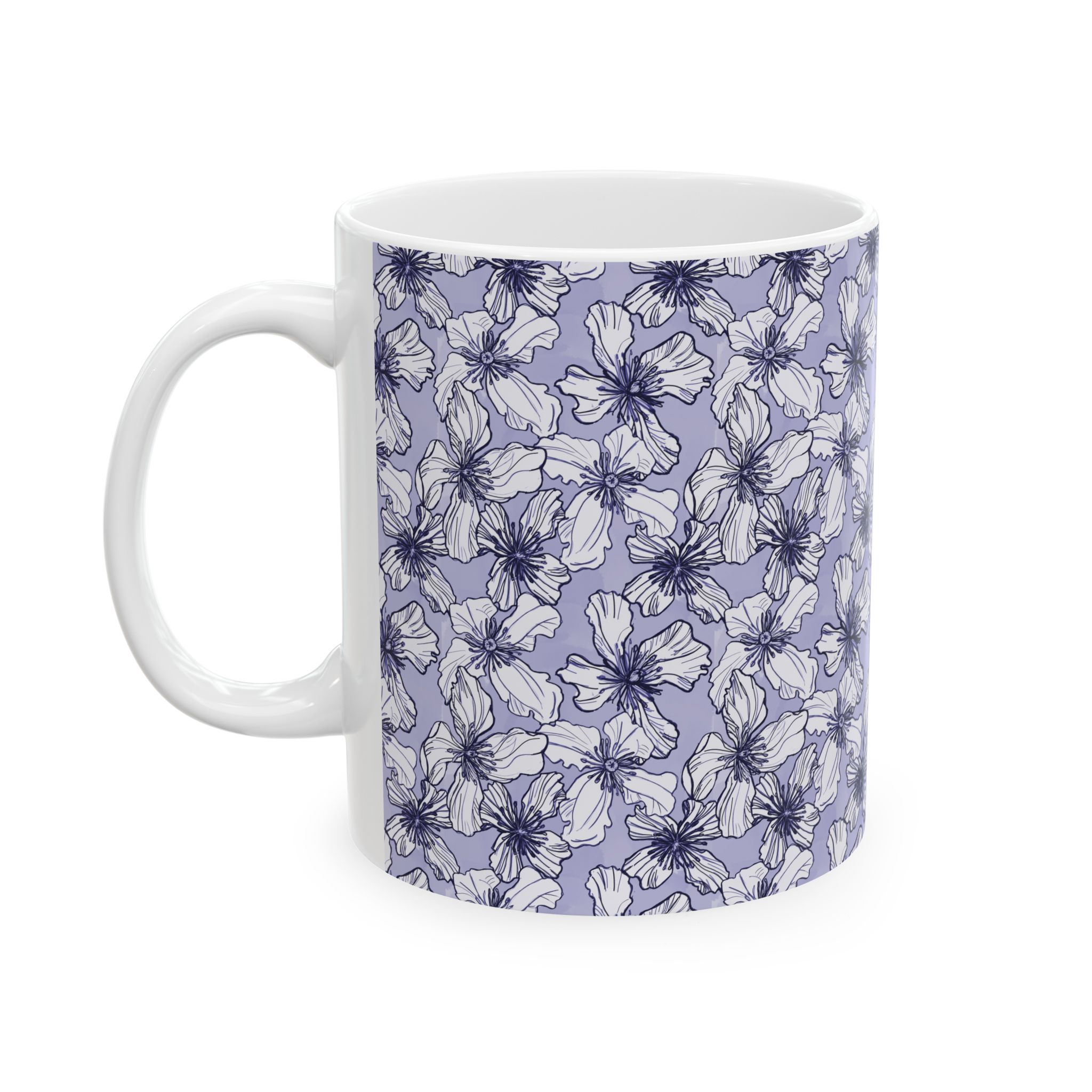 Lavender Floral Ceramic Mug — Purple Hand-Drawn Clematis Blossom Pattern (11oz & 15oz)