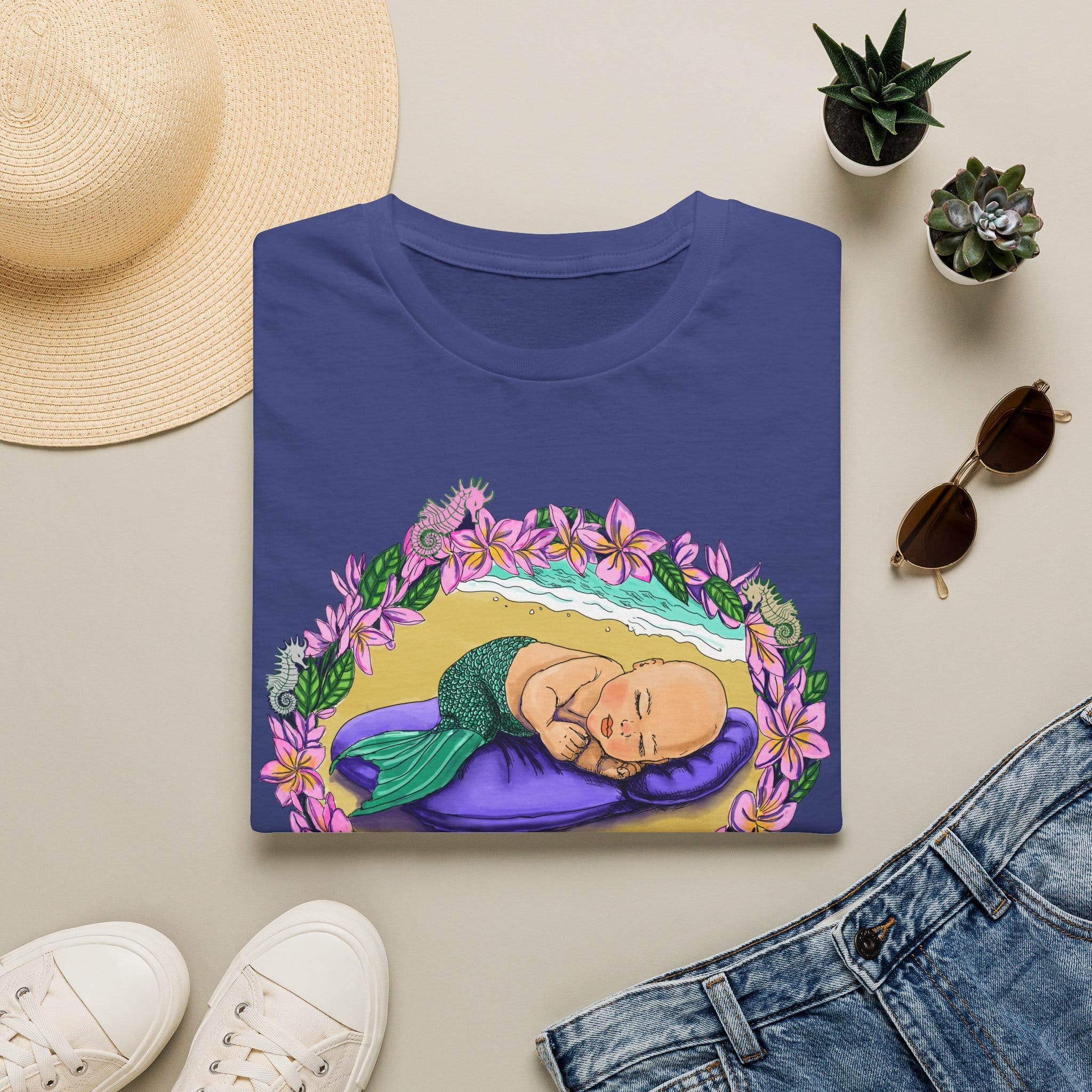 Mer-Toddler Napping on the Beach T-Shirt — Tropical Floral Ocean Graphic