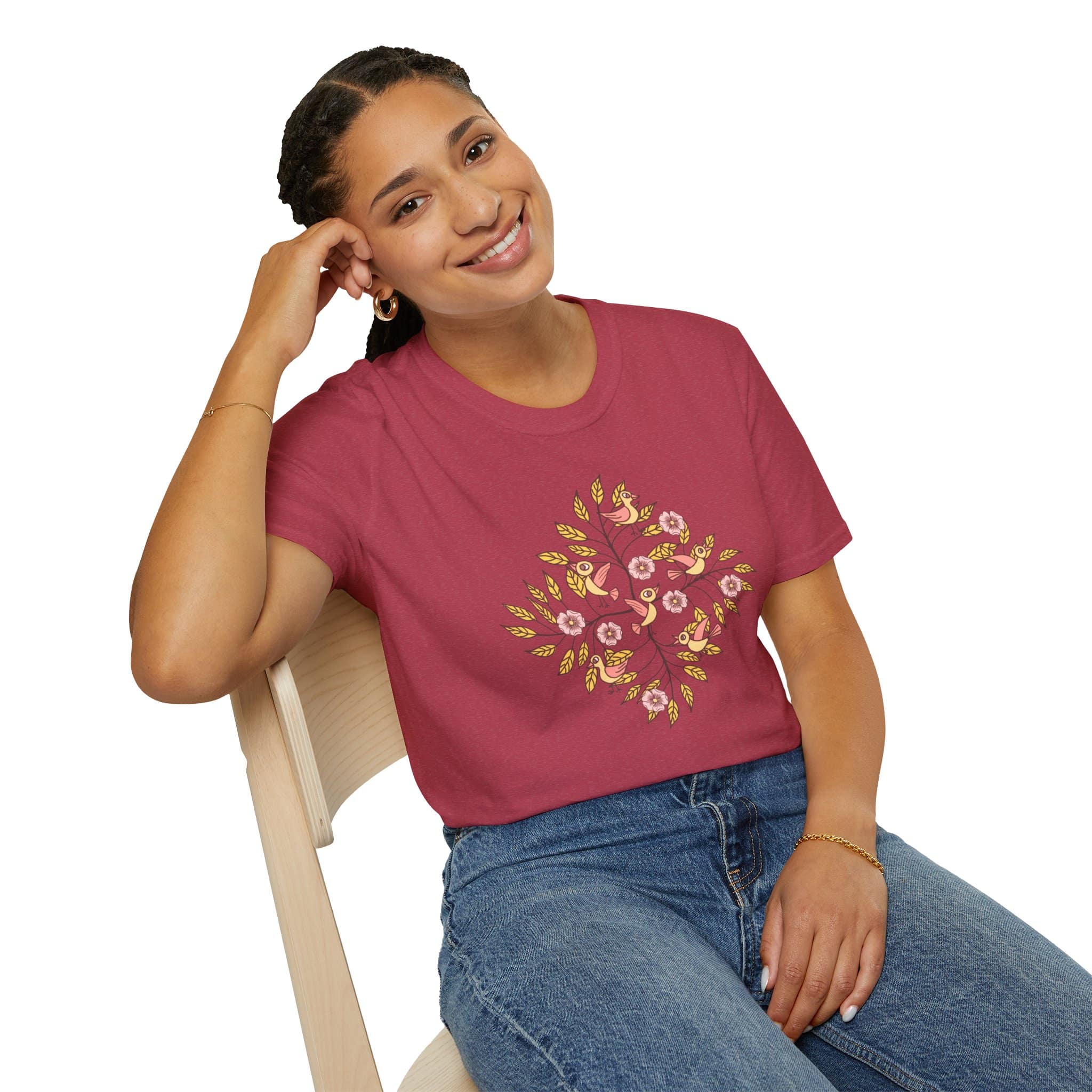 Floral Bird Tree T-Shirt — Boho Botanical Tee with Pink Blossoms - Image 24