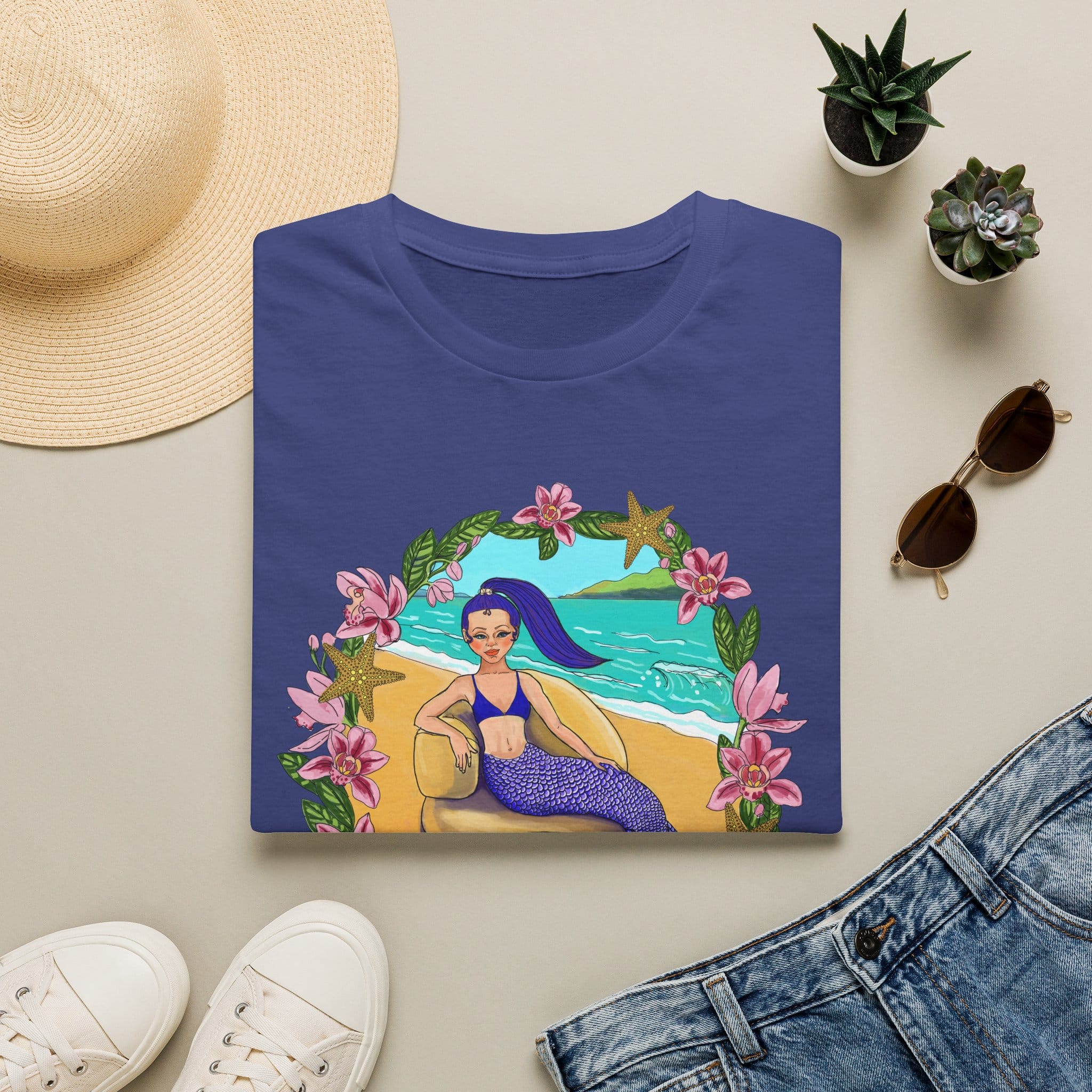 Blue-Haired Mermaid Beach Vibes T-Shirt — Tropical Floral Ocean Graphic
