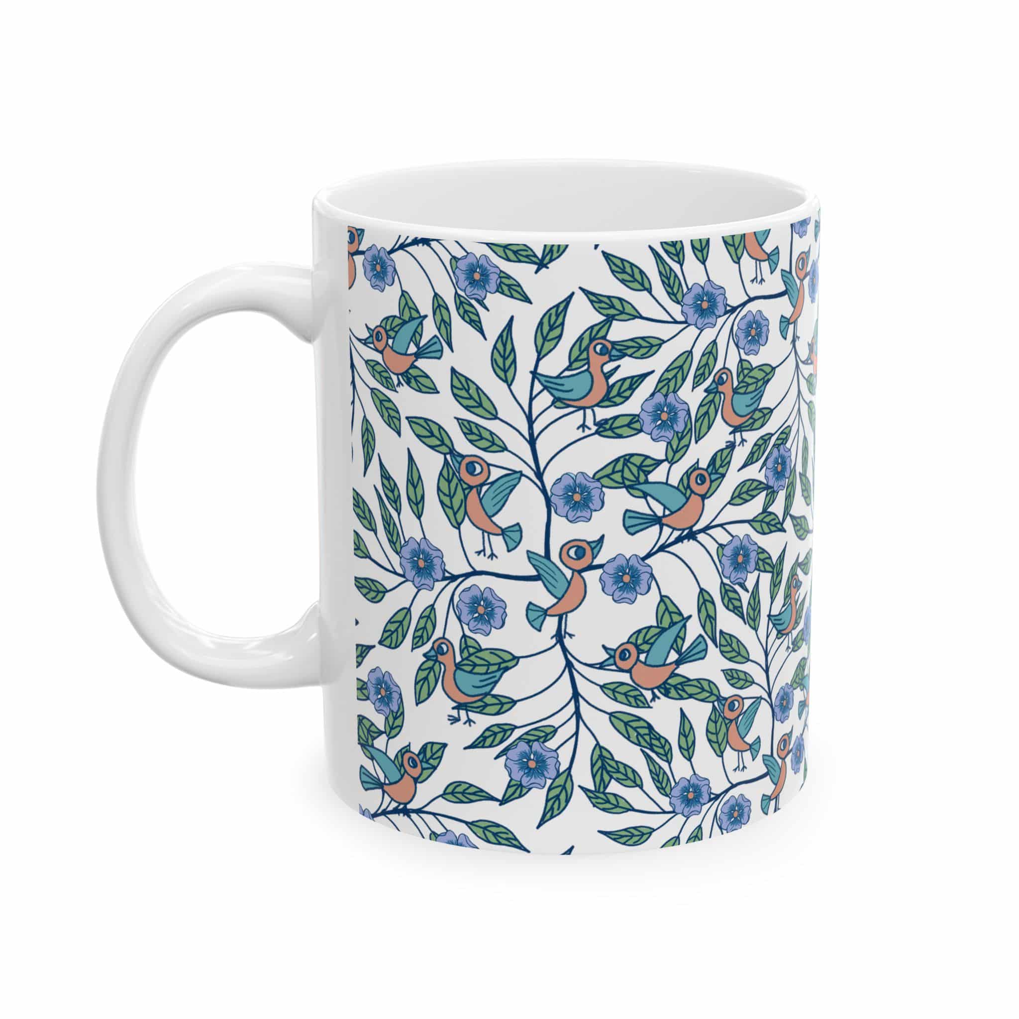 Floral Bird Pattern Ceramic Mug — Blue & Green Botanical 11oz/15oz
