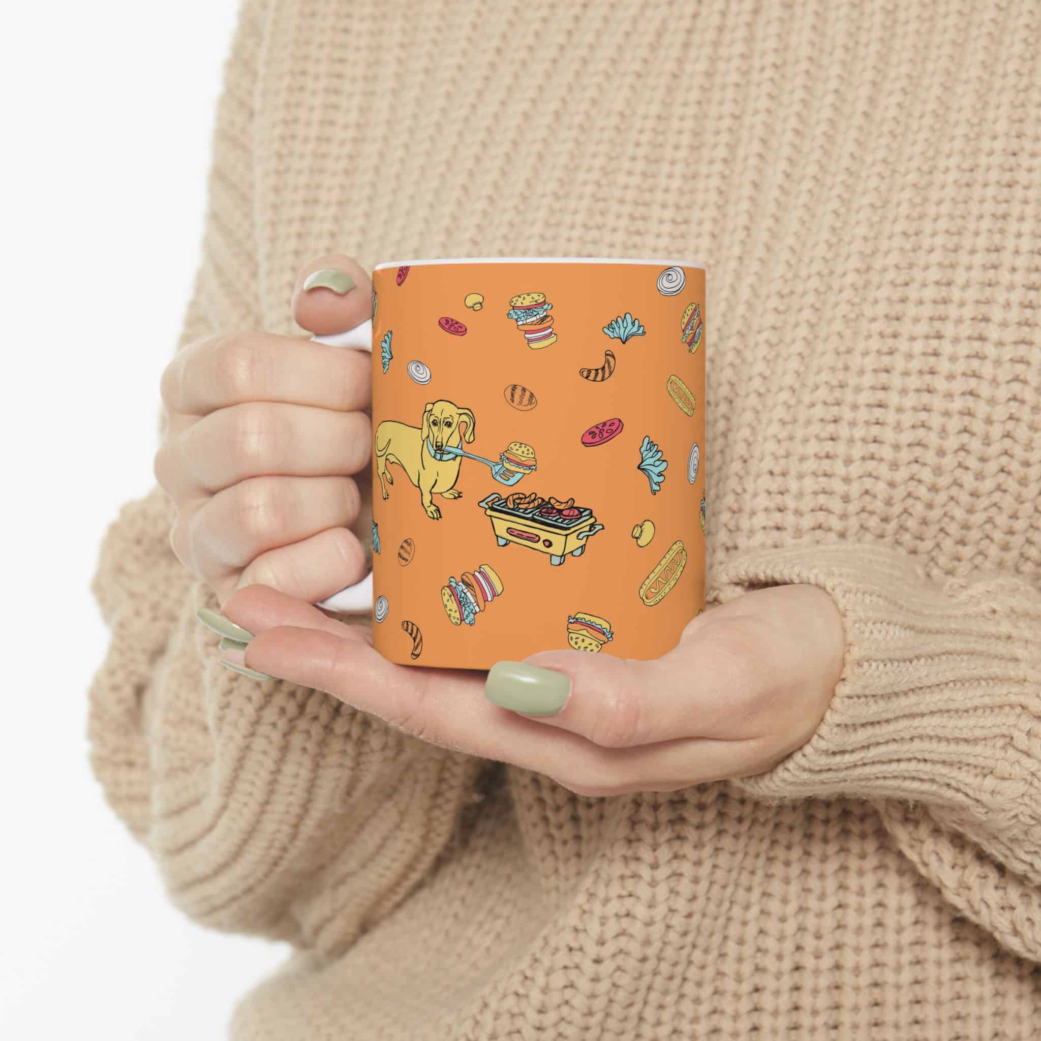 Dachshund Cooking on Hibachi Pattern Ceramic Mug — Cute Burger & Hot Dog 11oz/15oz Coffee Cup - Image 5