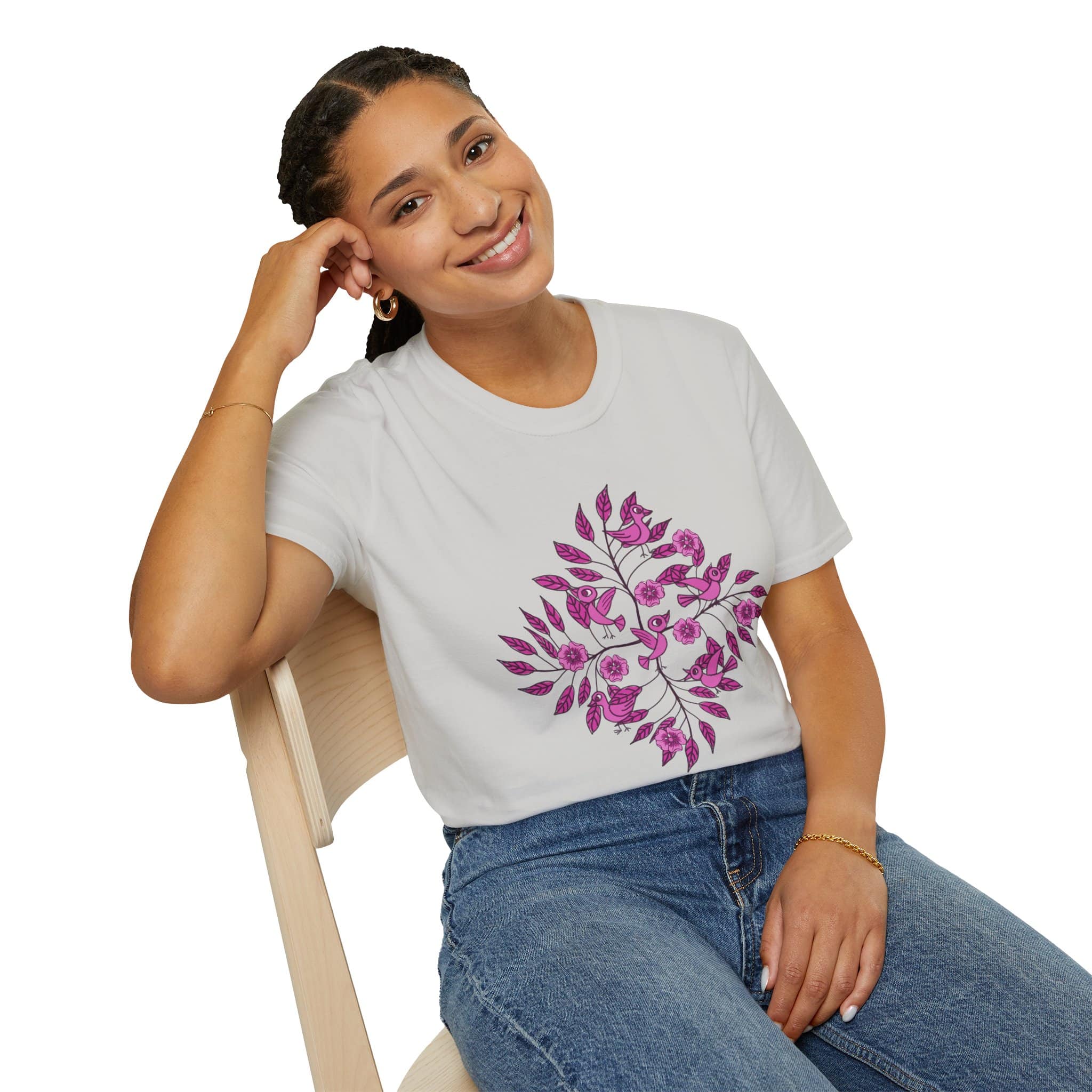 Floral Bird Branch T-Shirt —Pink Blossoms Graphic Tee - Image 20