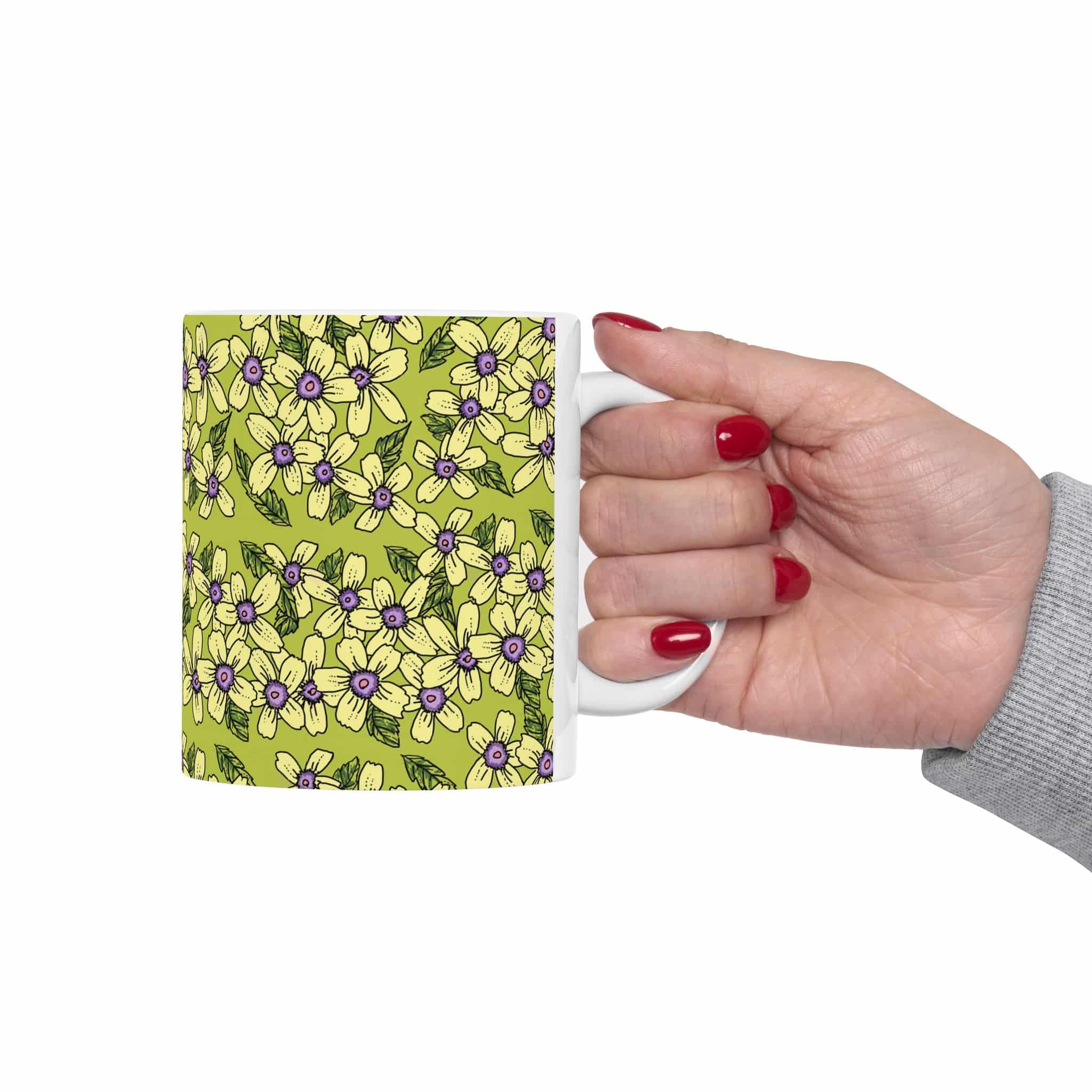 Floral Pattern Ceramic Mug — Green Daisy Bloom Coffee Cup (11oz & 15oz) - Image 3