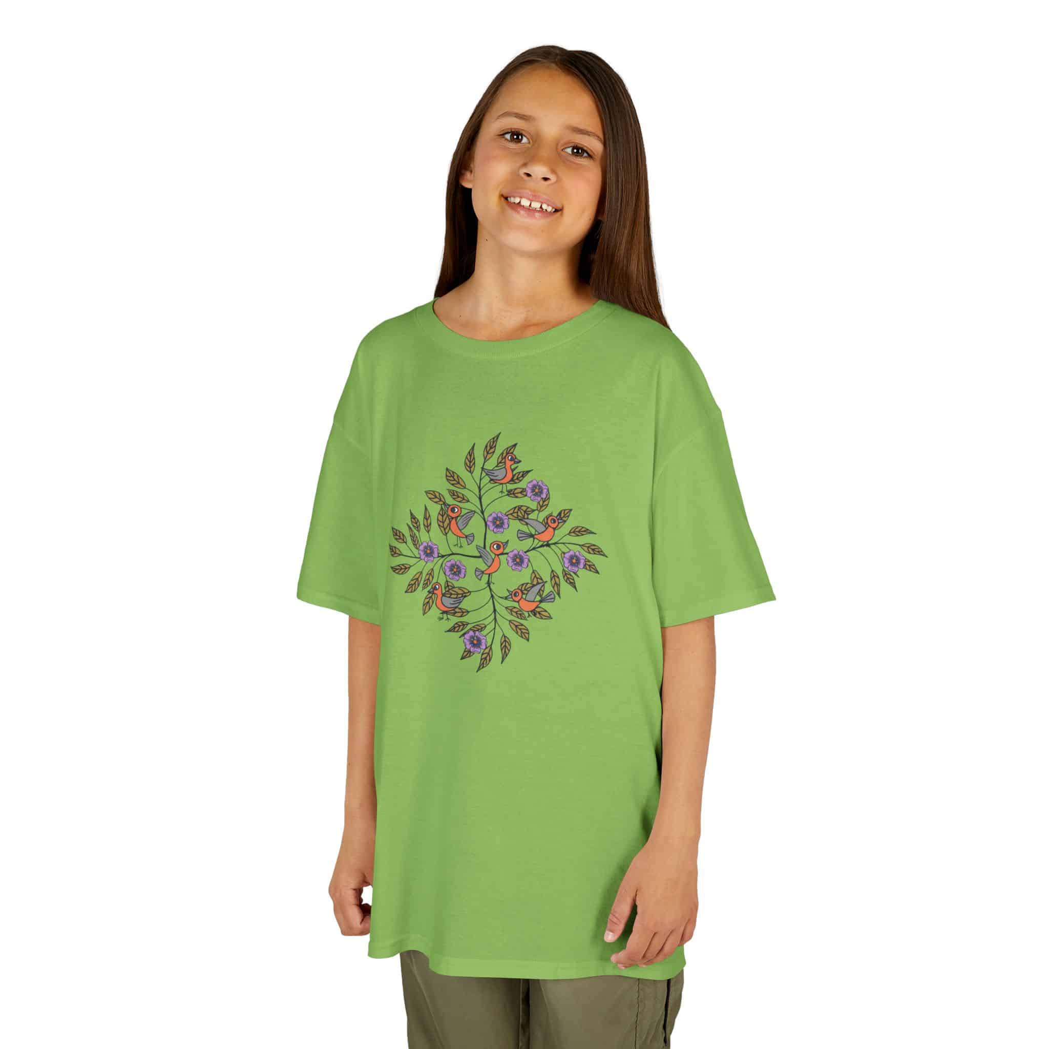 Kids Tee — Colorful Leaf Bird and Floral Mosaic Graphic Kids T-Shirt | Nature-Inspired Autumn Shirt for Boys & Girls - Image 3